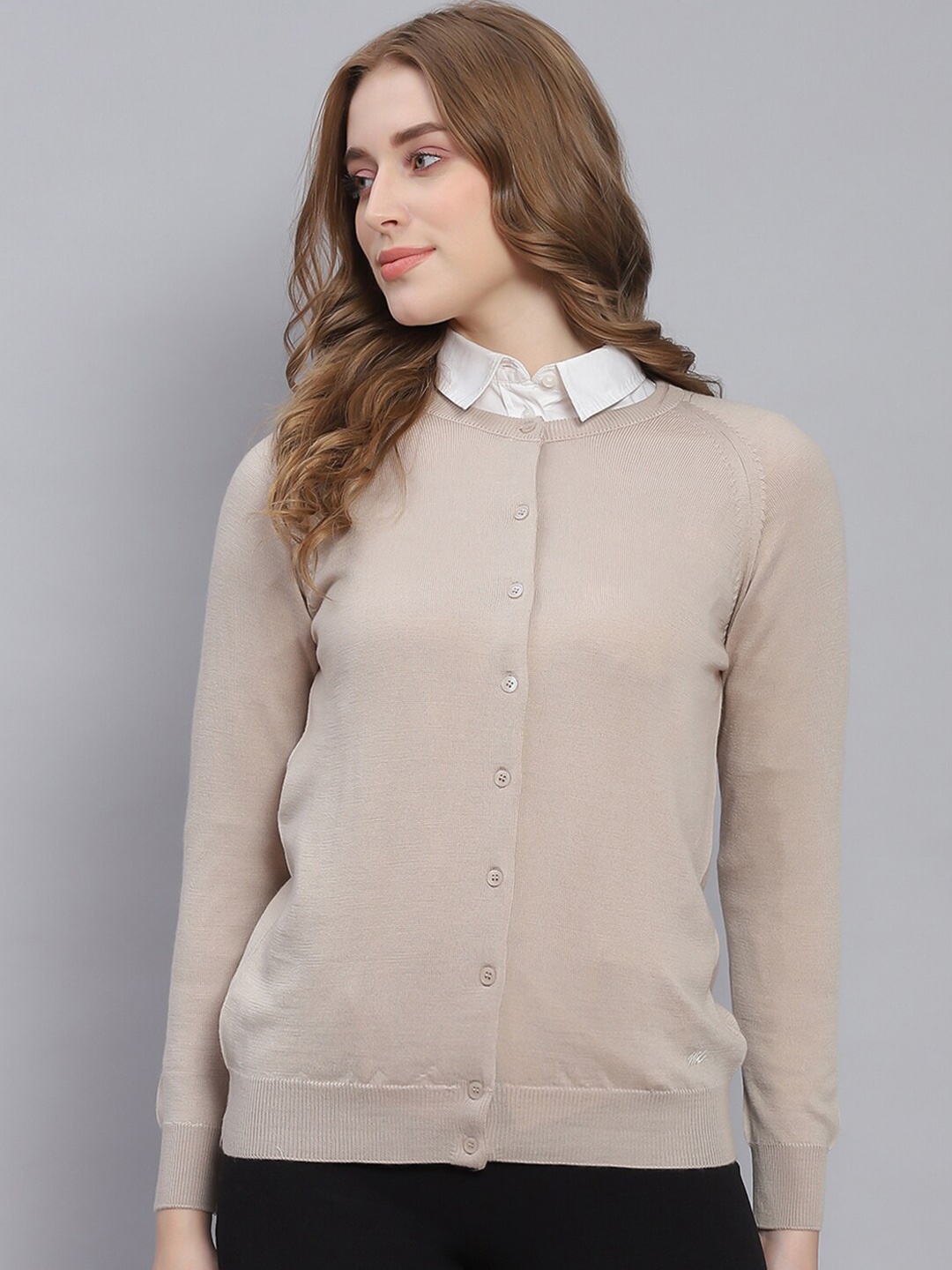 

Monte Carlo Round Neck Raglan Sleeve Woollen Cardigan, Beige
