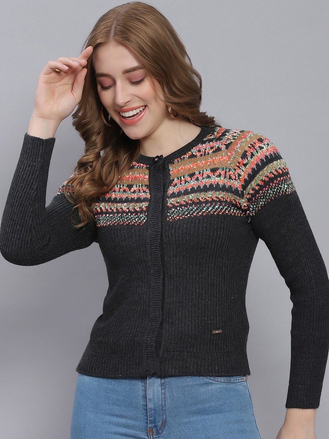 

Monte Carlo Self Design Woolen Cardigan Sweater, Charcoal