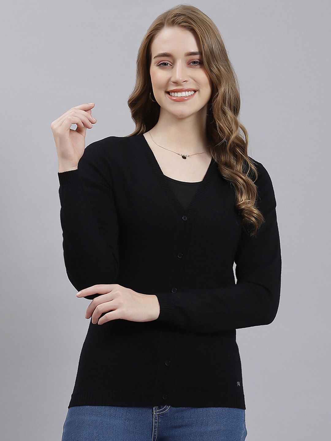 

Monte Carlo V-Neck Ribbbed Woollen Cardigan, Black