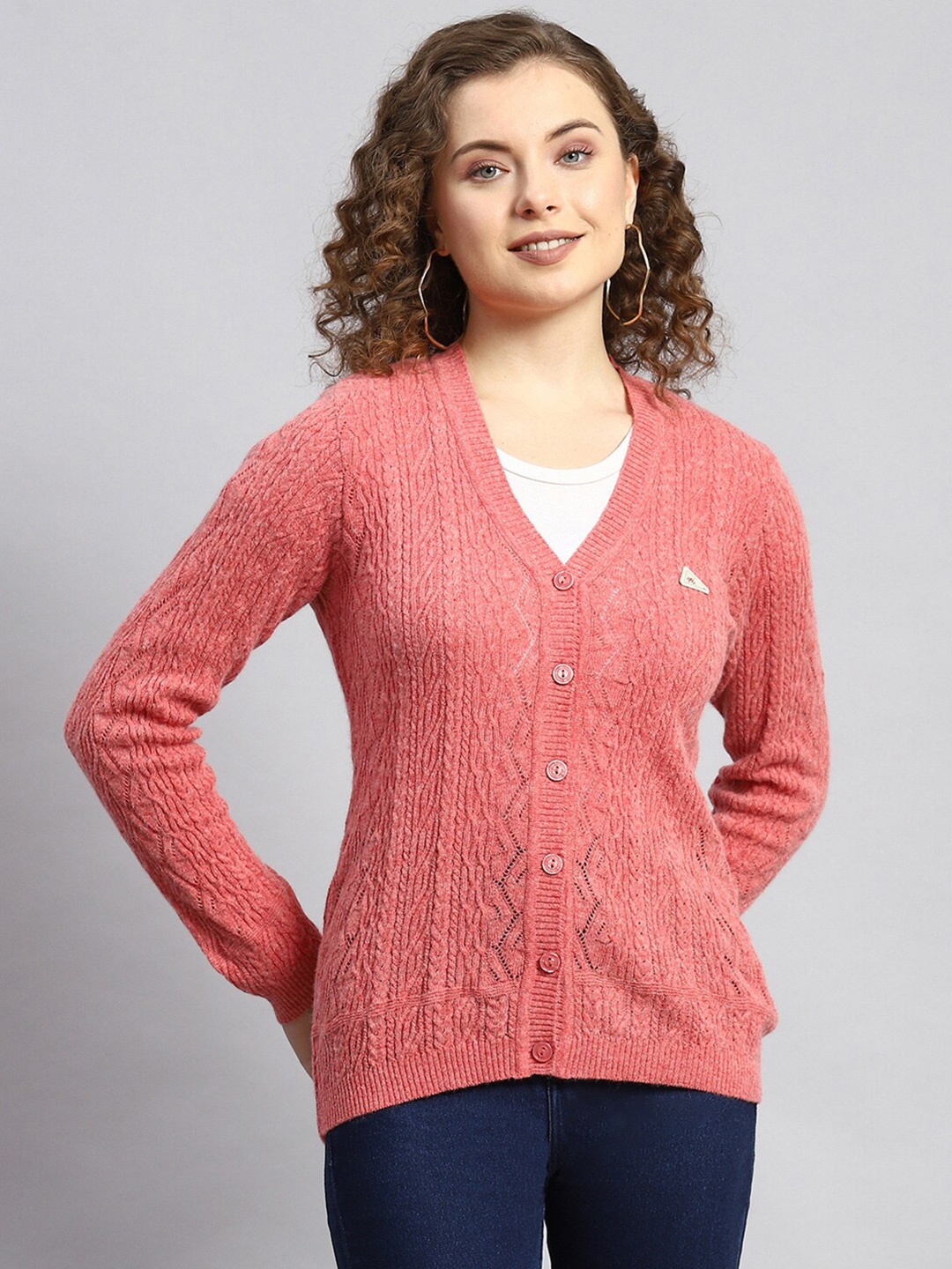 

Monte Carlo Self Design Cable Knit Cardigan, Pink