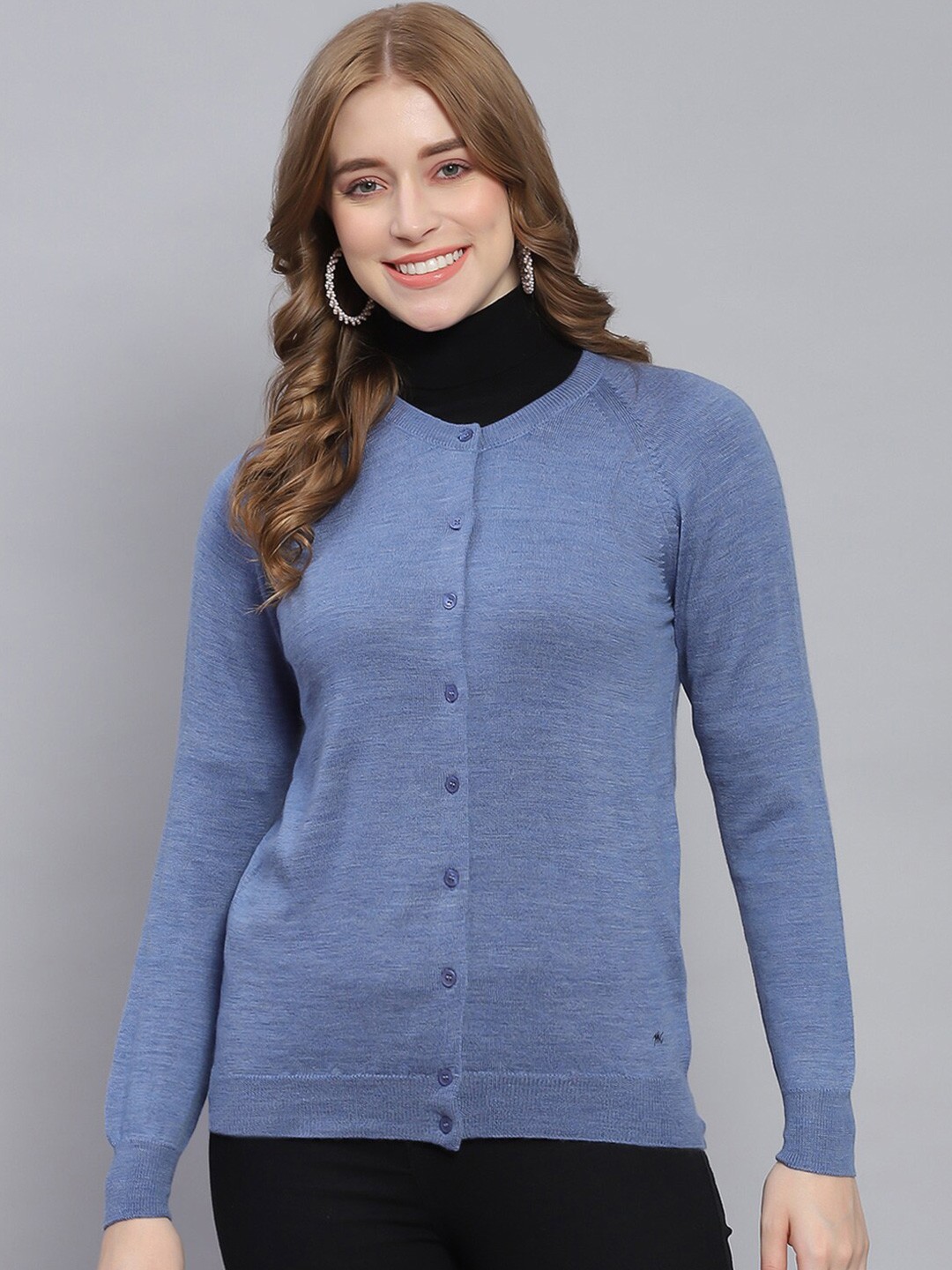 

Monte Carlo Round Neck Raglan Sleeve Woollen Cardigan, Blue