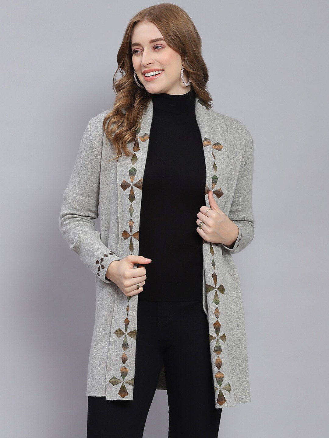 

Monte Carlo Shawl Collar Long Sleeves Front Open Sweater, Grey