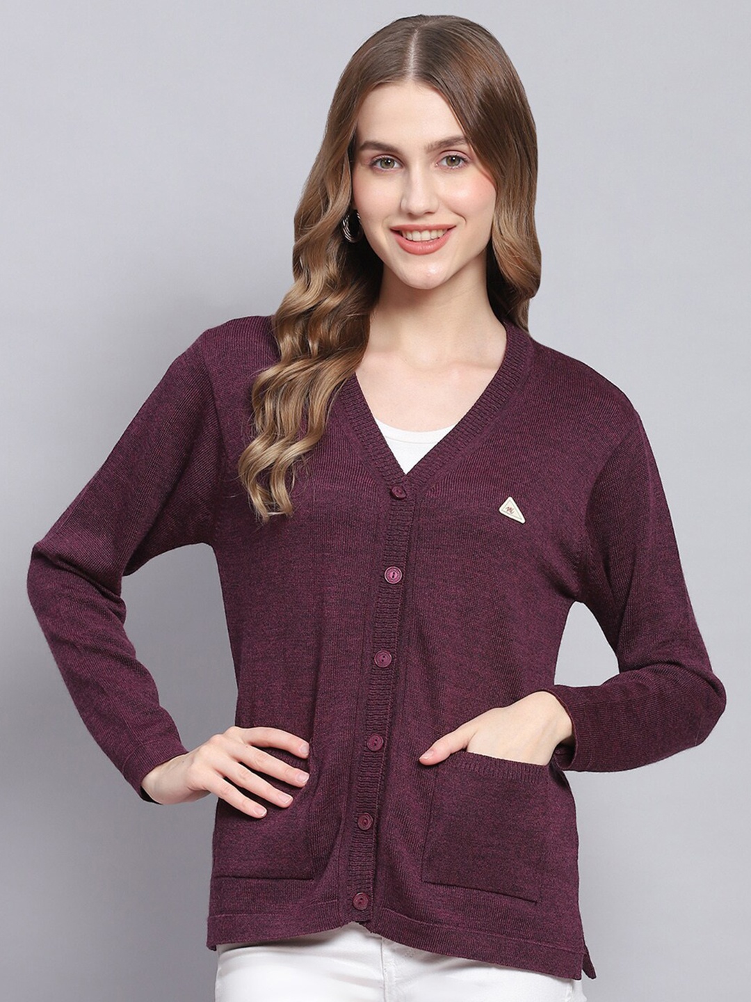 

Monte Carlo V- Neck Ribbed Pure Woollen Cardigan, Purple