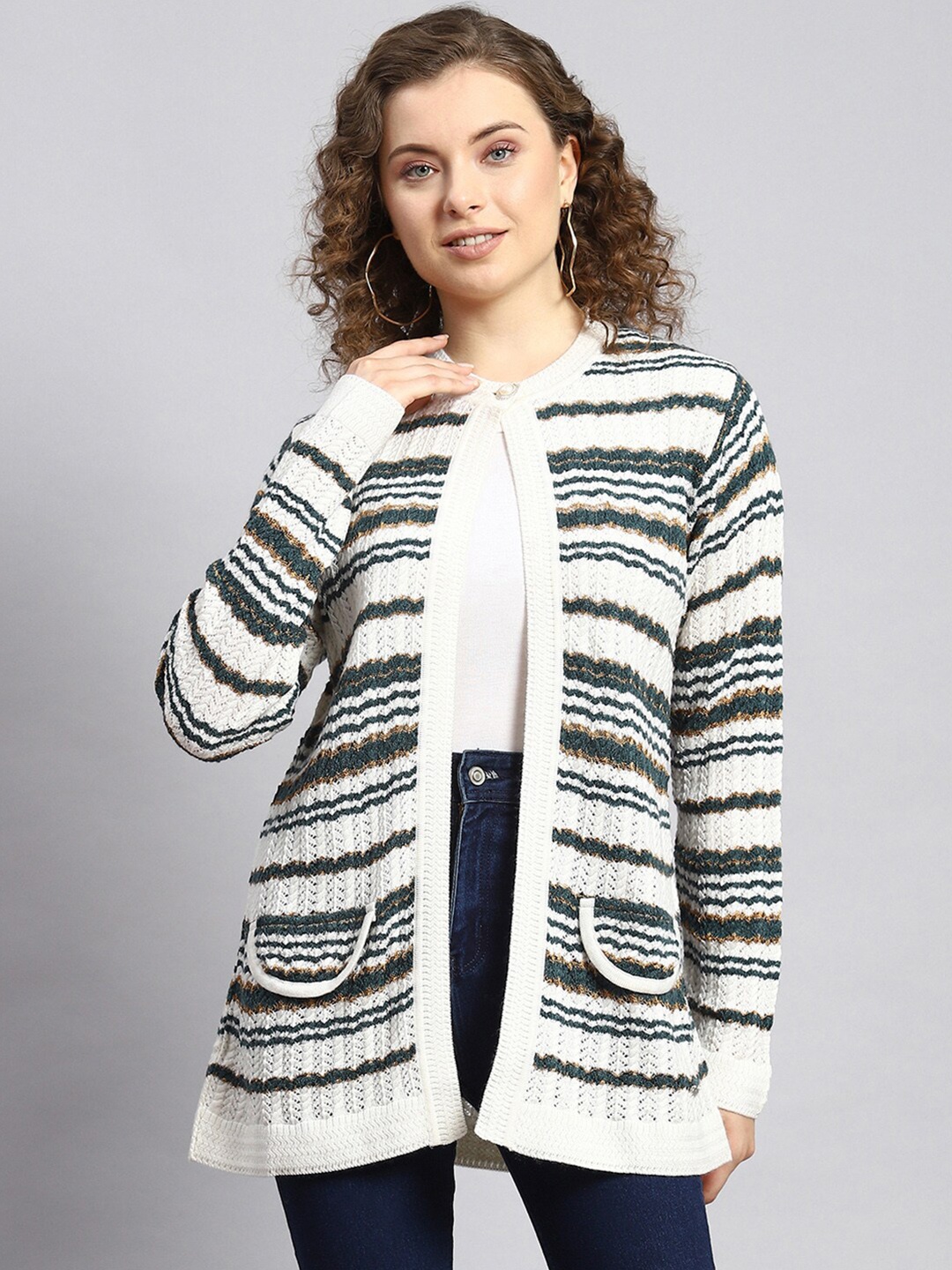 

Monte Carlo Striped Round Neck Long Sleeves Front Open Sweater, White