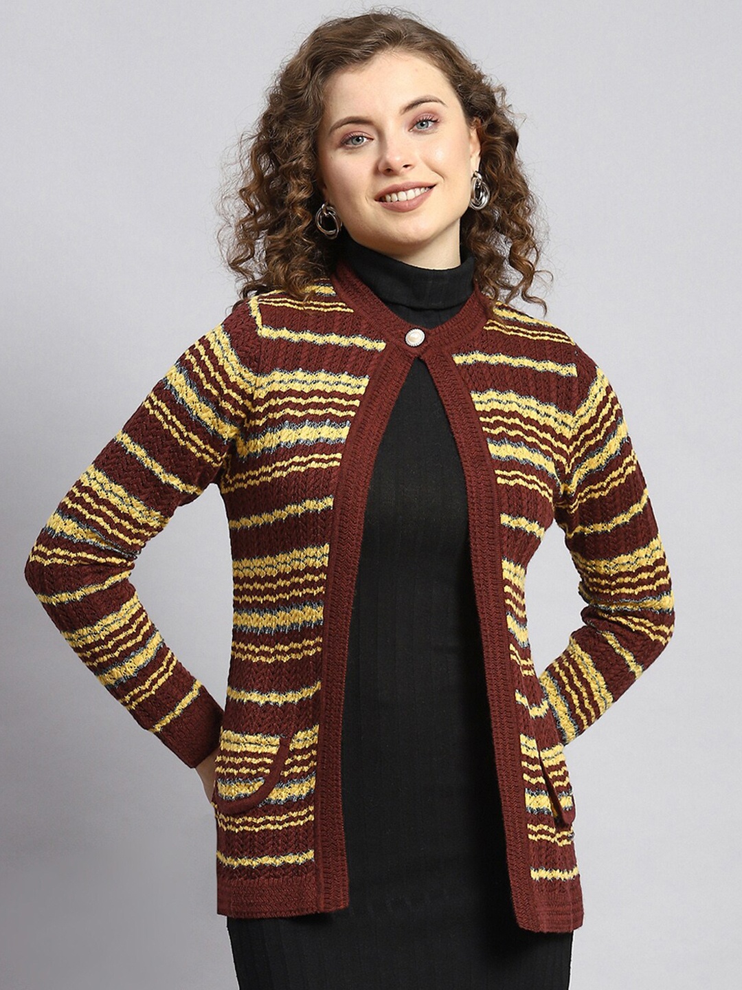 

Monte Carlo Striped Round Neck Woollen Cardigan, Brown
