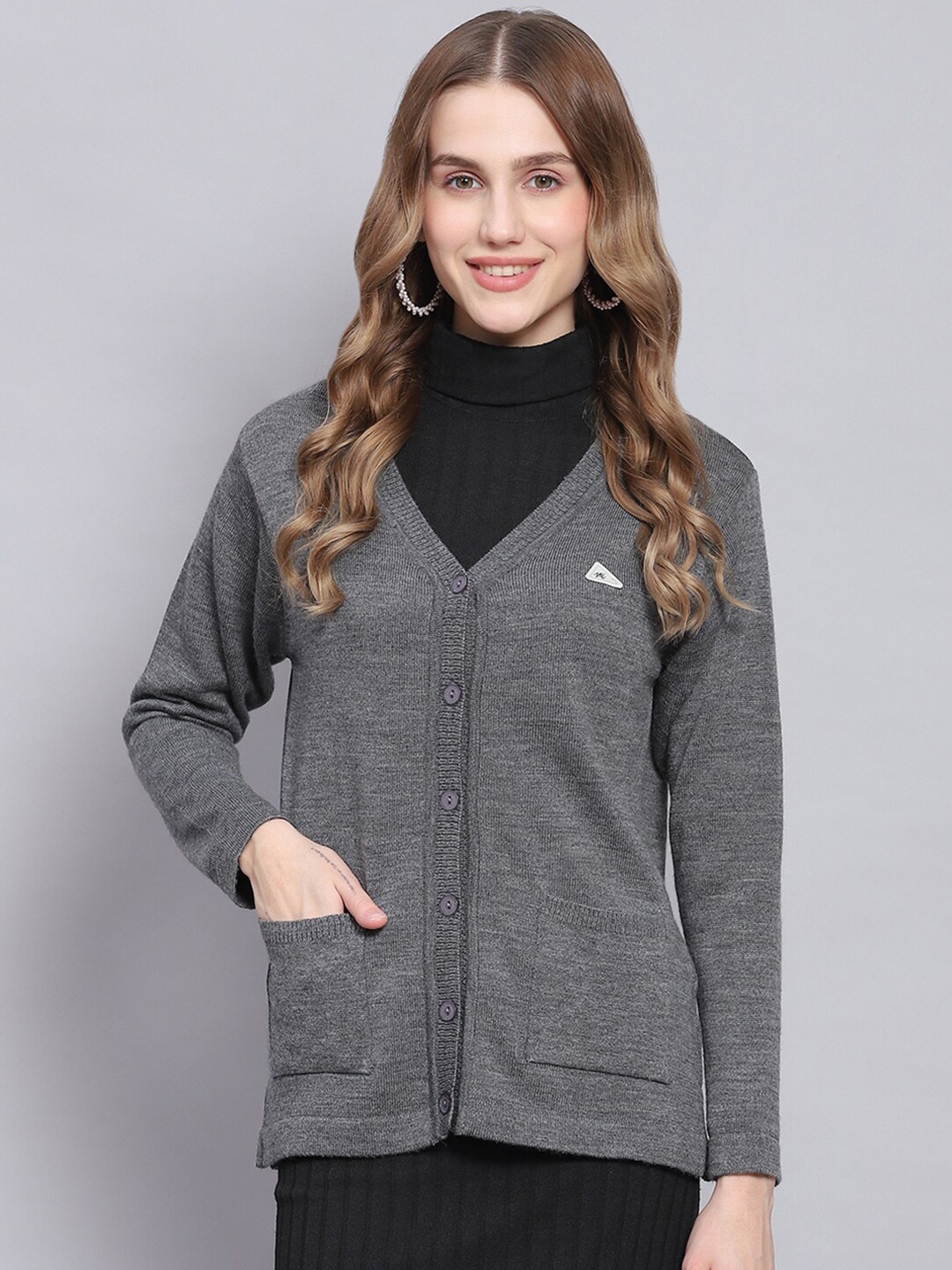 

Monte Carlo V-Neck Melange Woolen Cardigan Sweater, Grey melange