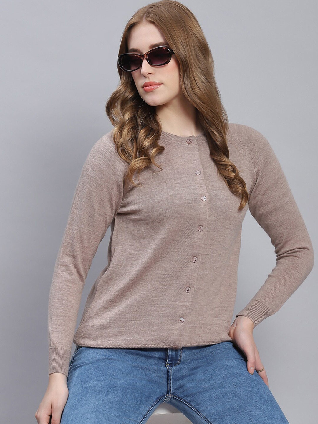 

Monte Carlo Round Neck Woollen Cardigan, Beige