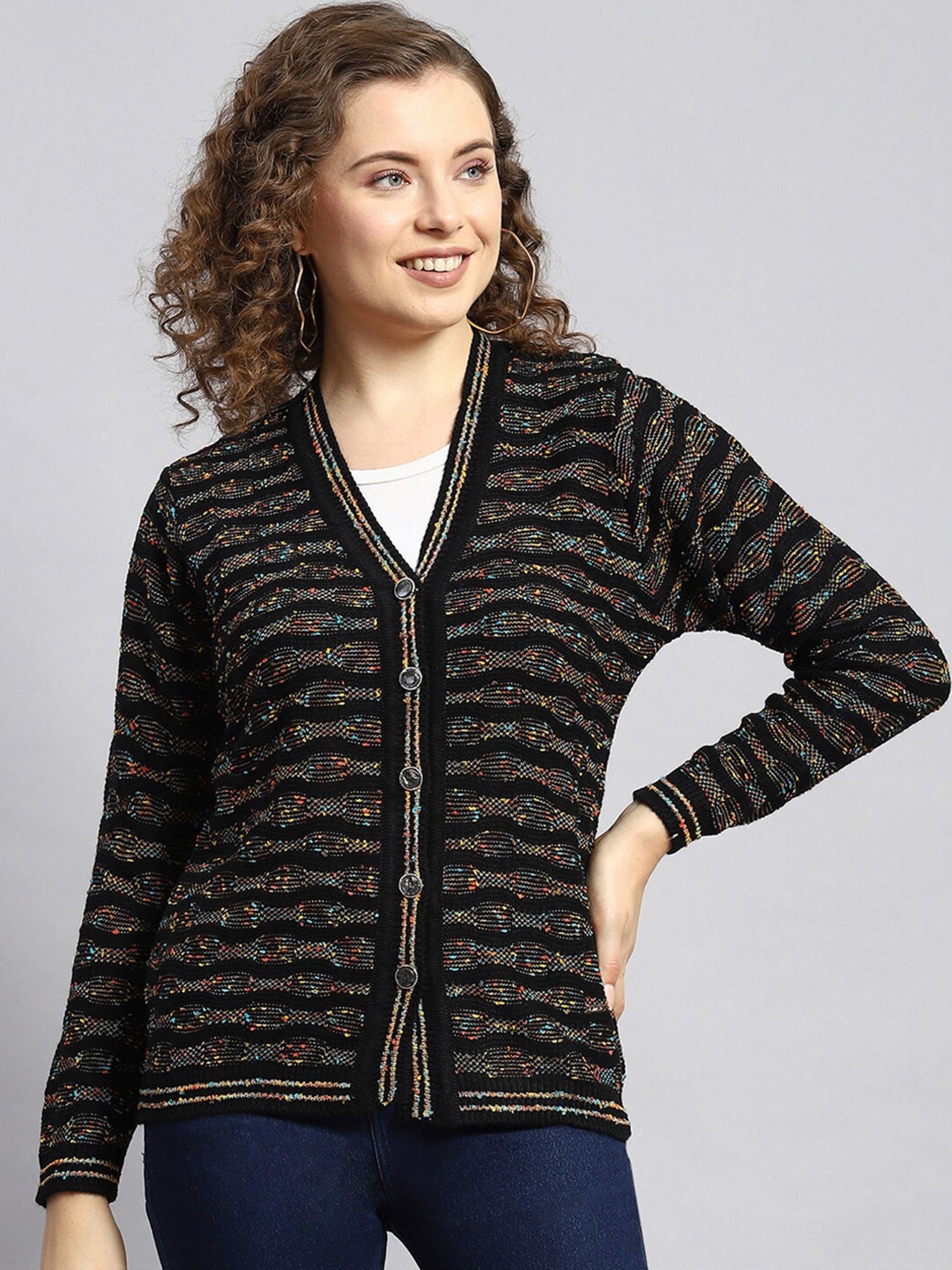 

Monte Carlo Striped Woollen Cardigan, Black