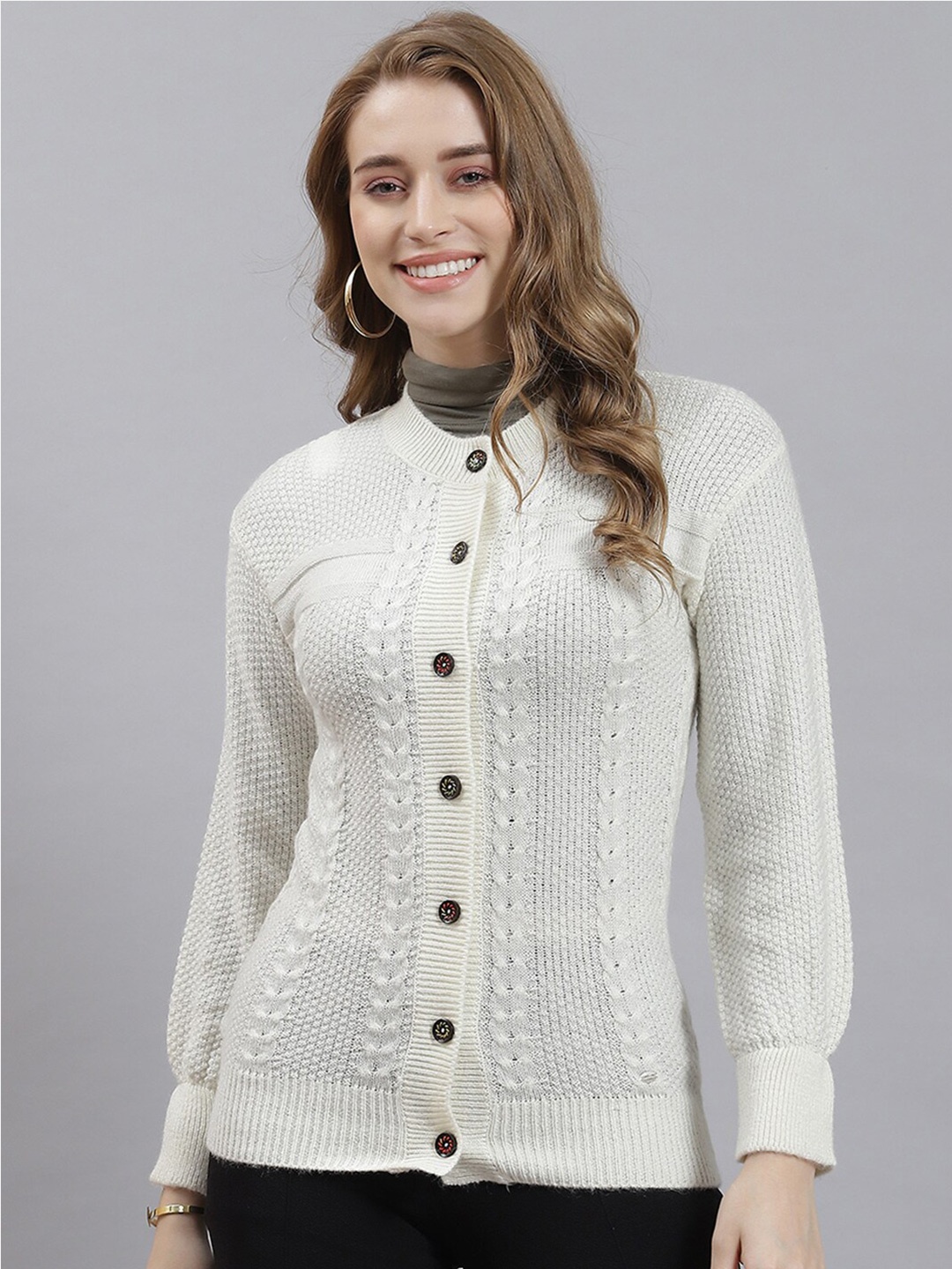 

Monte Carlo Cable Knit Self Design Cardigan Sweater, Off white