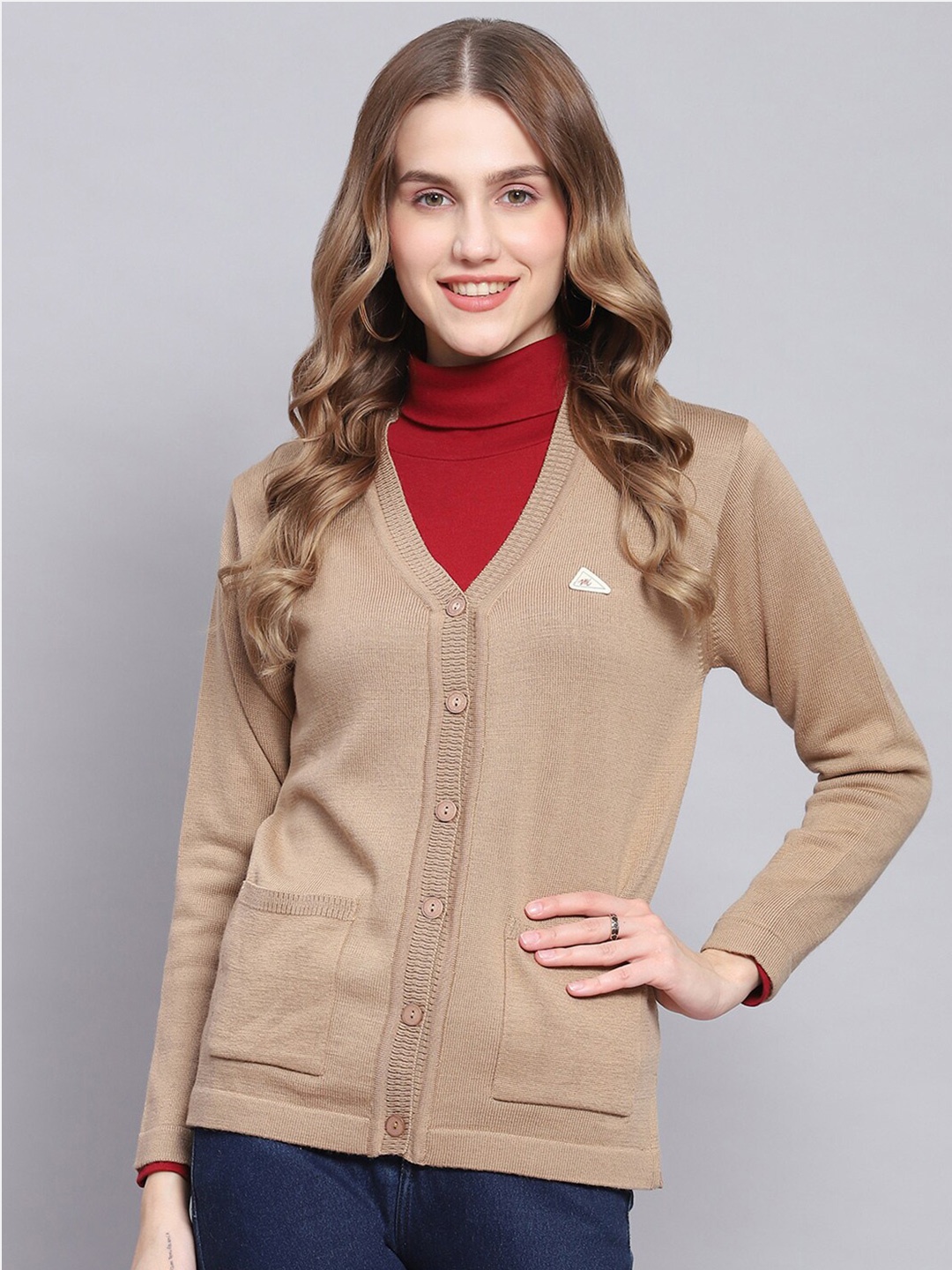 

Monte Carlo V-Neck Woollen Cardigan, Camel brown