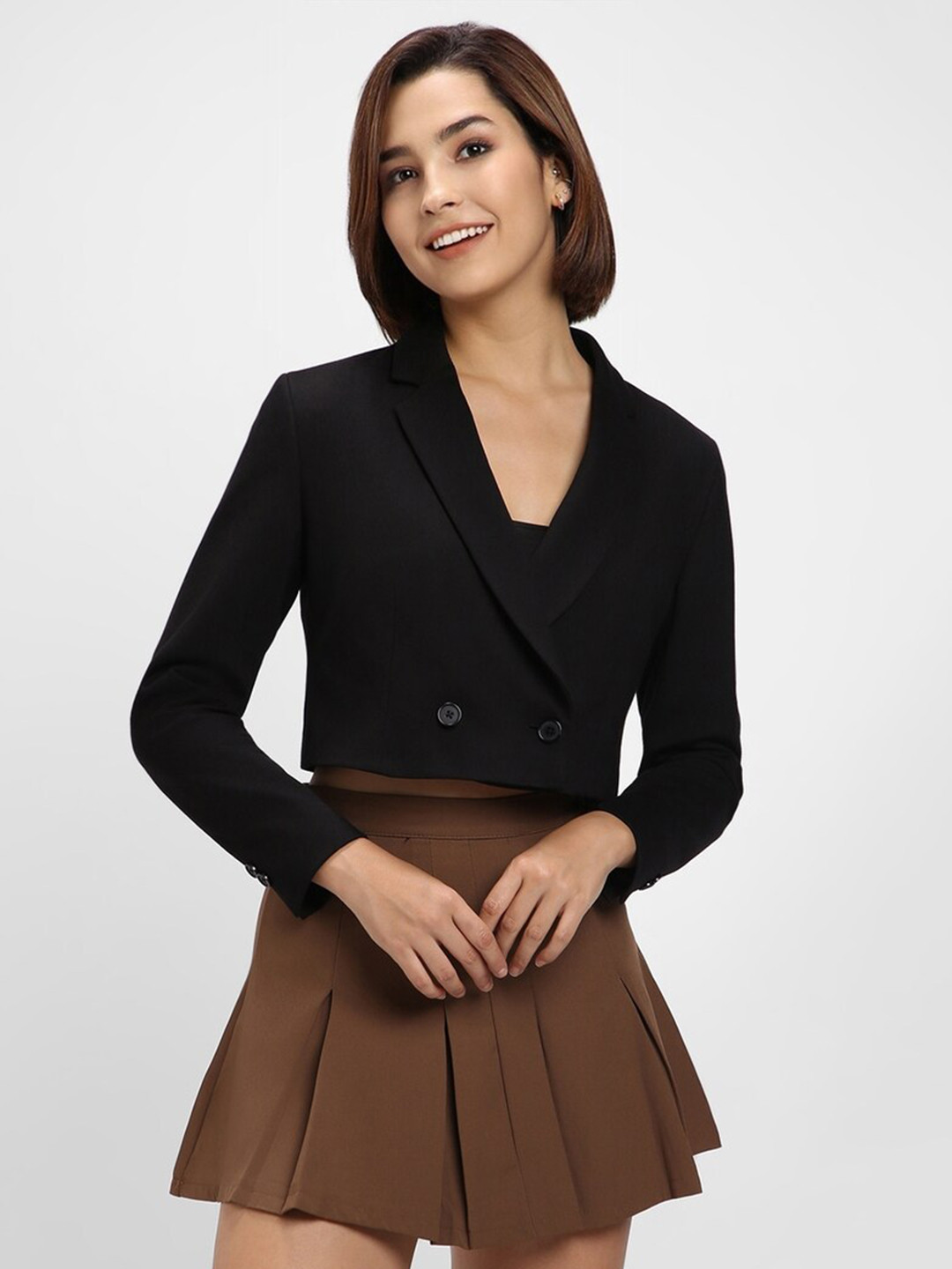

FOREVER 21 Double-Breasted Notched Lapel Crop Blazers, Black