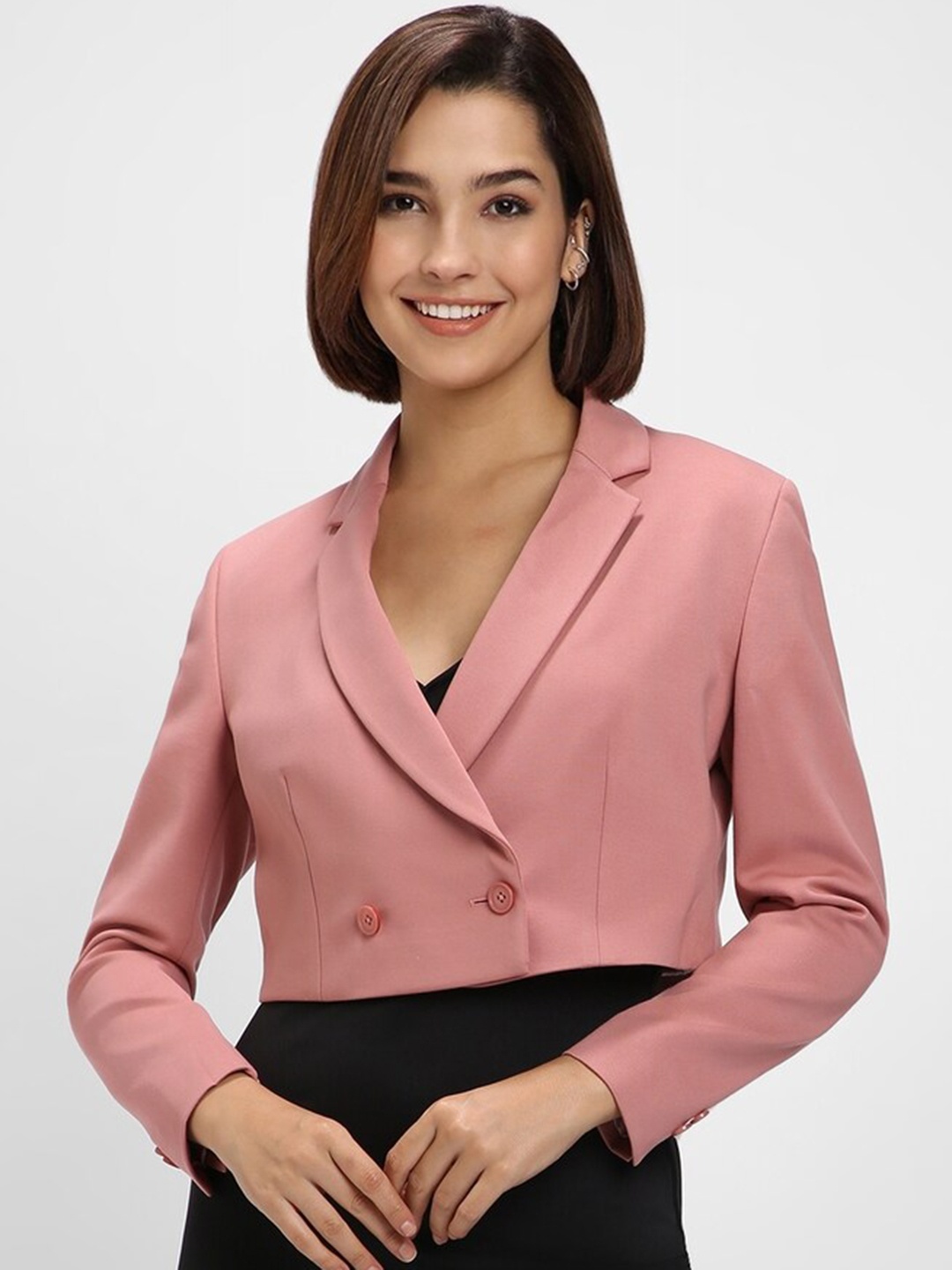 

FOREVER 21 Double-Breasted Notched Lapel Crop Blazers, Pink