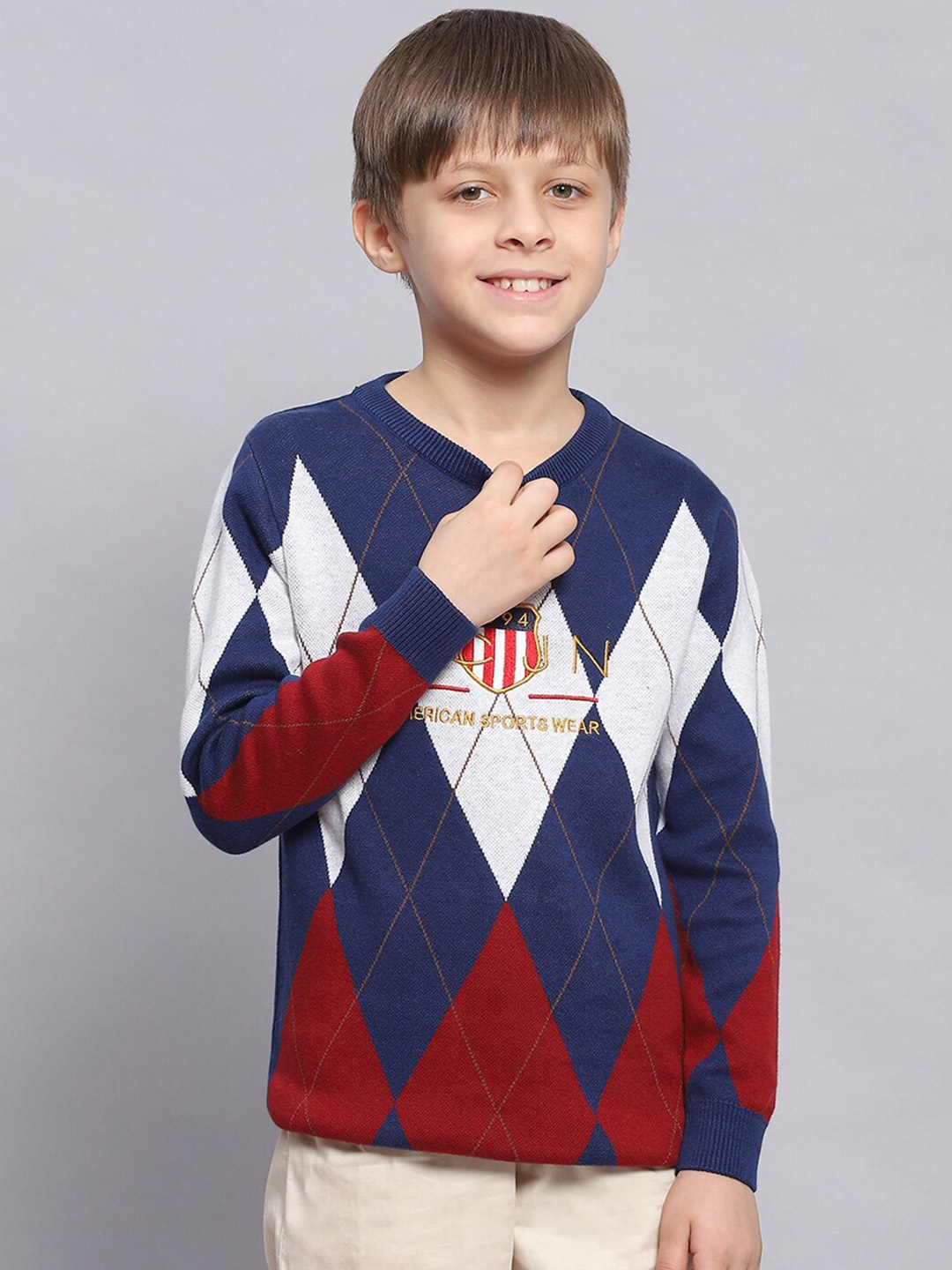

Monte Carlo Boys Checked Round Neck Cotton Pullover, Blue