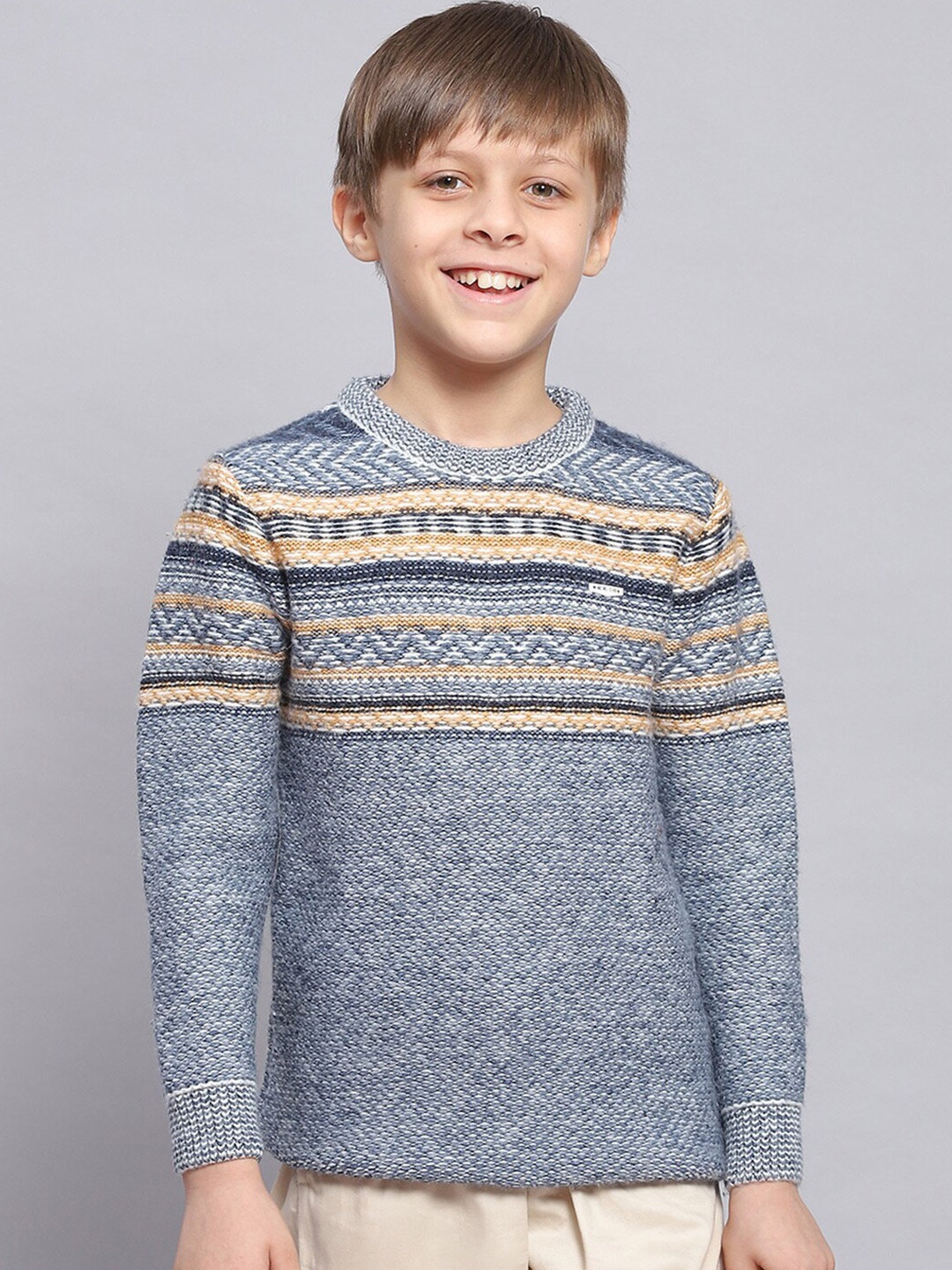 

Monte Carlo Boys Geometric Self Designed Long Sleeves Ribbed Pullover, Blue
