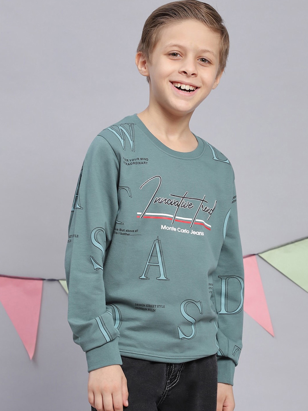 

Monte Carlo Boys Typography Printed Ribbed Pure Cotton Sweatshirt, Green