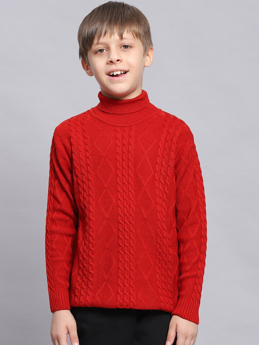 

Monte Carlo Turtle Neck Cable Knit Self Design Pure Cotton Pullover Sweater, Red