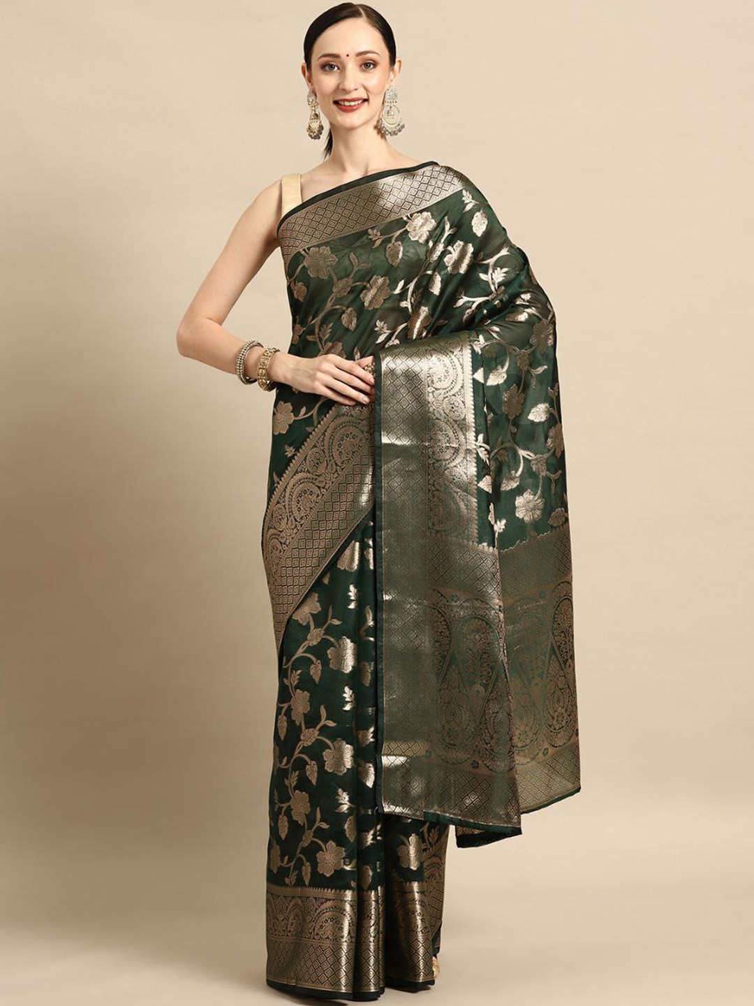 

SHIJILA Floral Woven Design Zari Organza Kanjeevaram Saree, Green