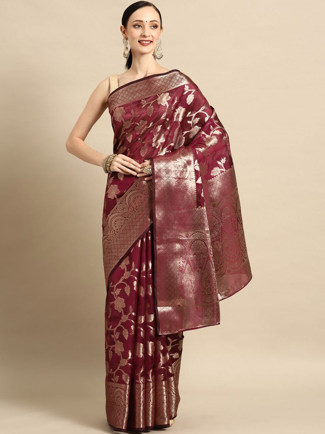 

SHIJILA Floral Woven Design Zari Organza Kanjeevaram Saree, Purple
