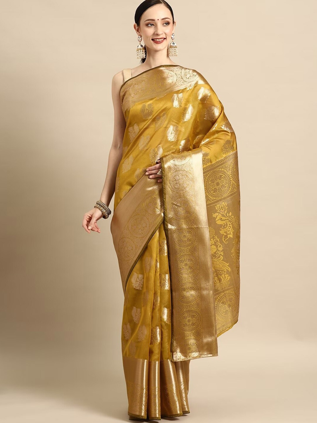 

SHIJILA Ethnic Motif Woven Design Zari Organza Kanjeevaram Saree, Olive