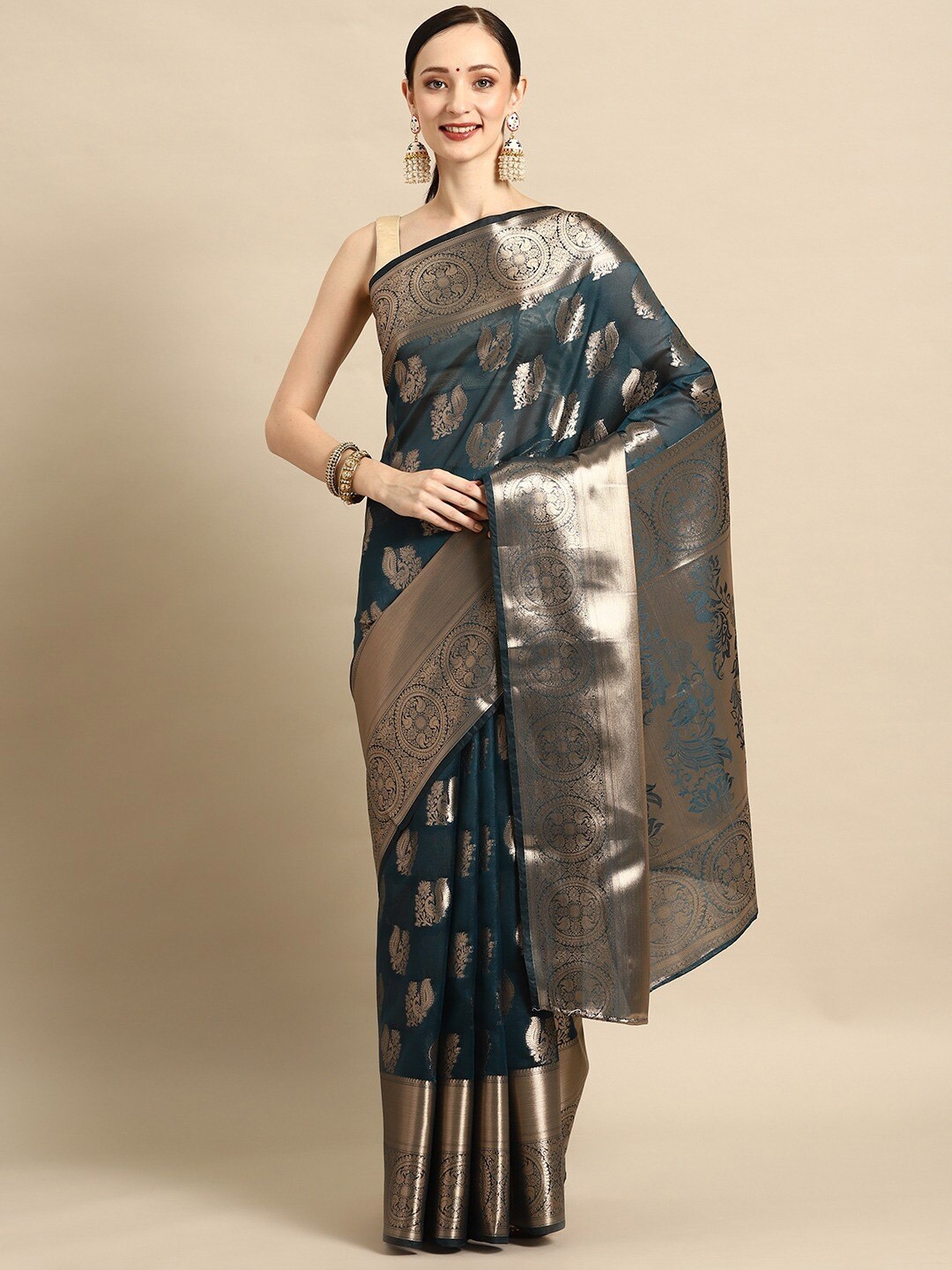 

SHIJILA Ethnic Motif Woven Design Zari Organza Kanjeevaram Saree, Teal