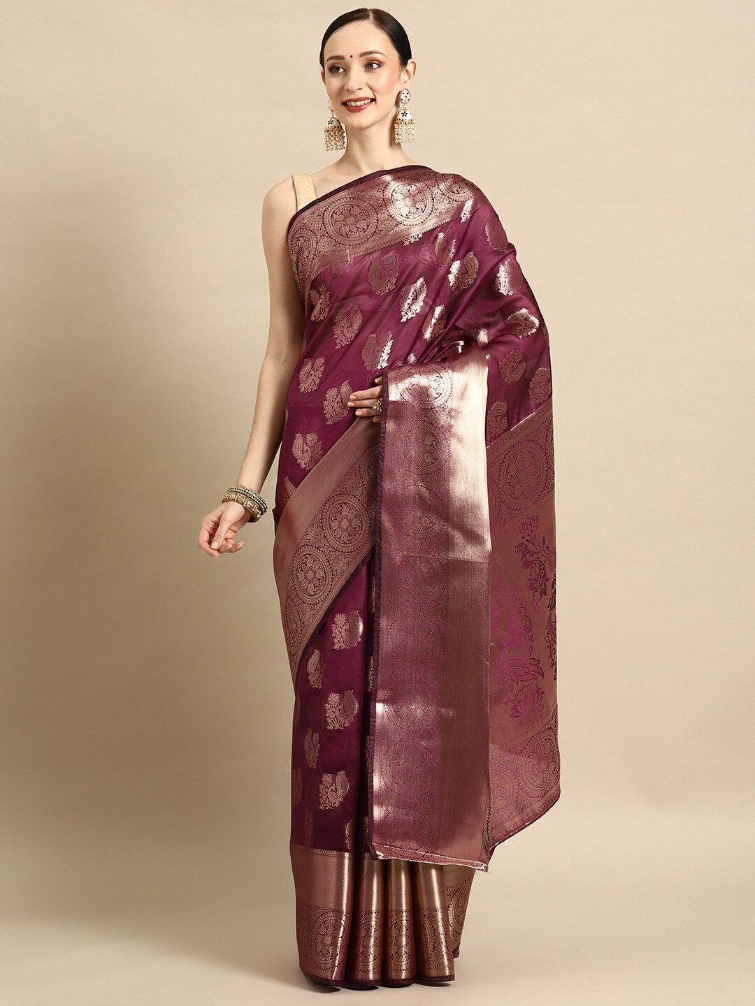 

SHIJILA Ethnic Motif Woven Design Zari Organza Kanjeevaram Saree, Purple