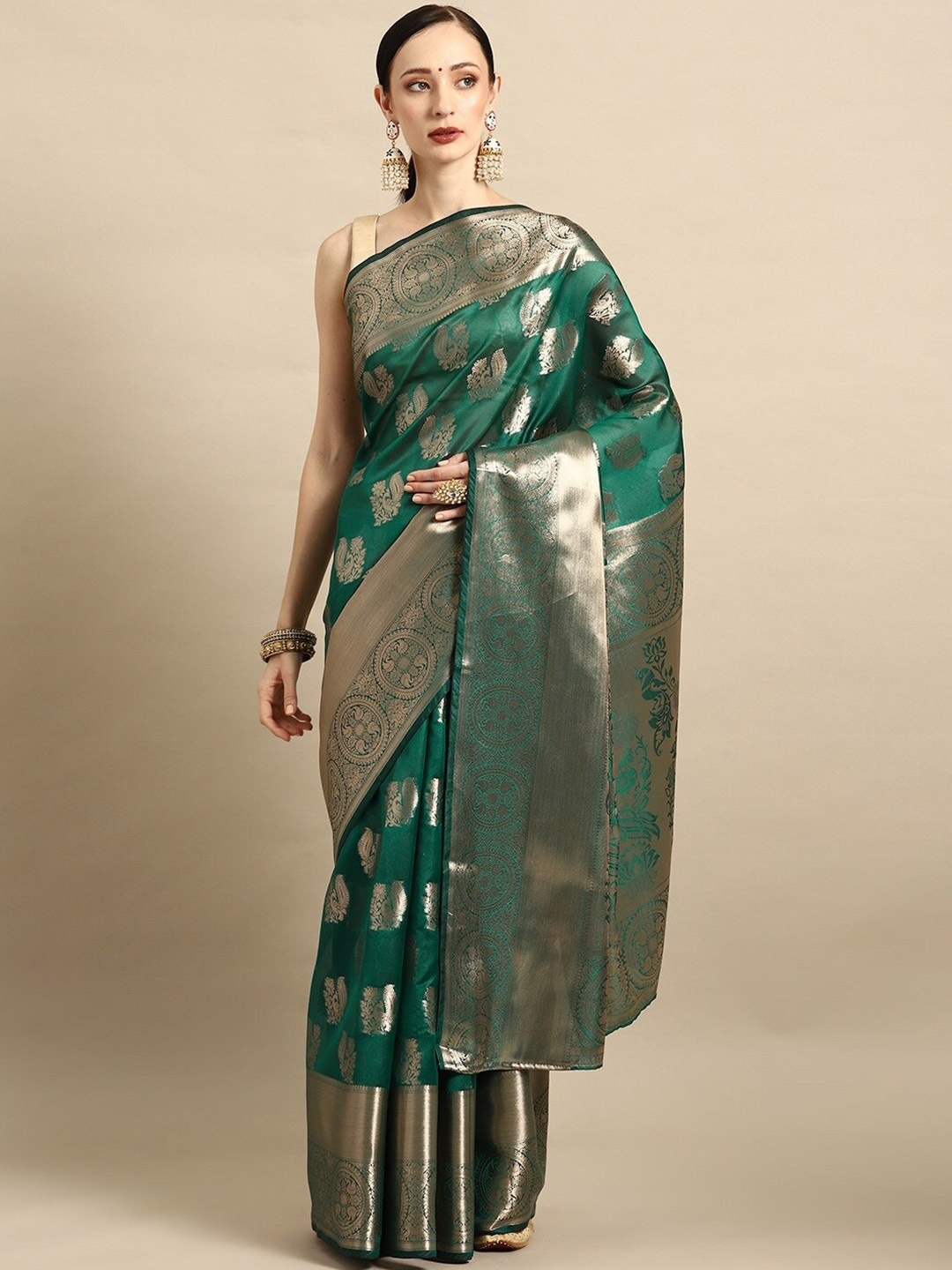 

SHIJILA Ethnic Motif Woven Design Zari Organza Kanjeevaram Saree, Sea green