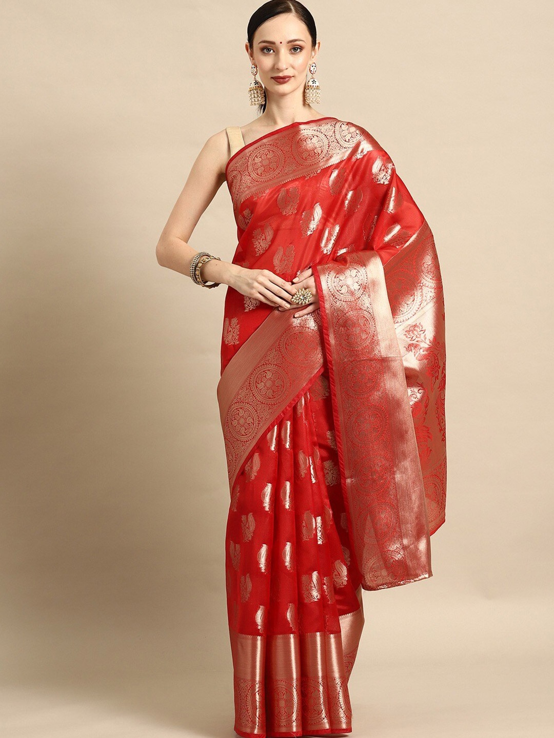 

SHIJILA Ethnic Motif Woven Design Zari Organza Kanjeevaram Saree, Red