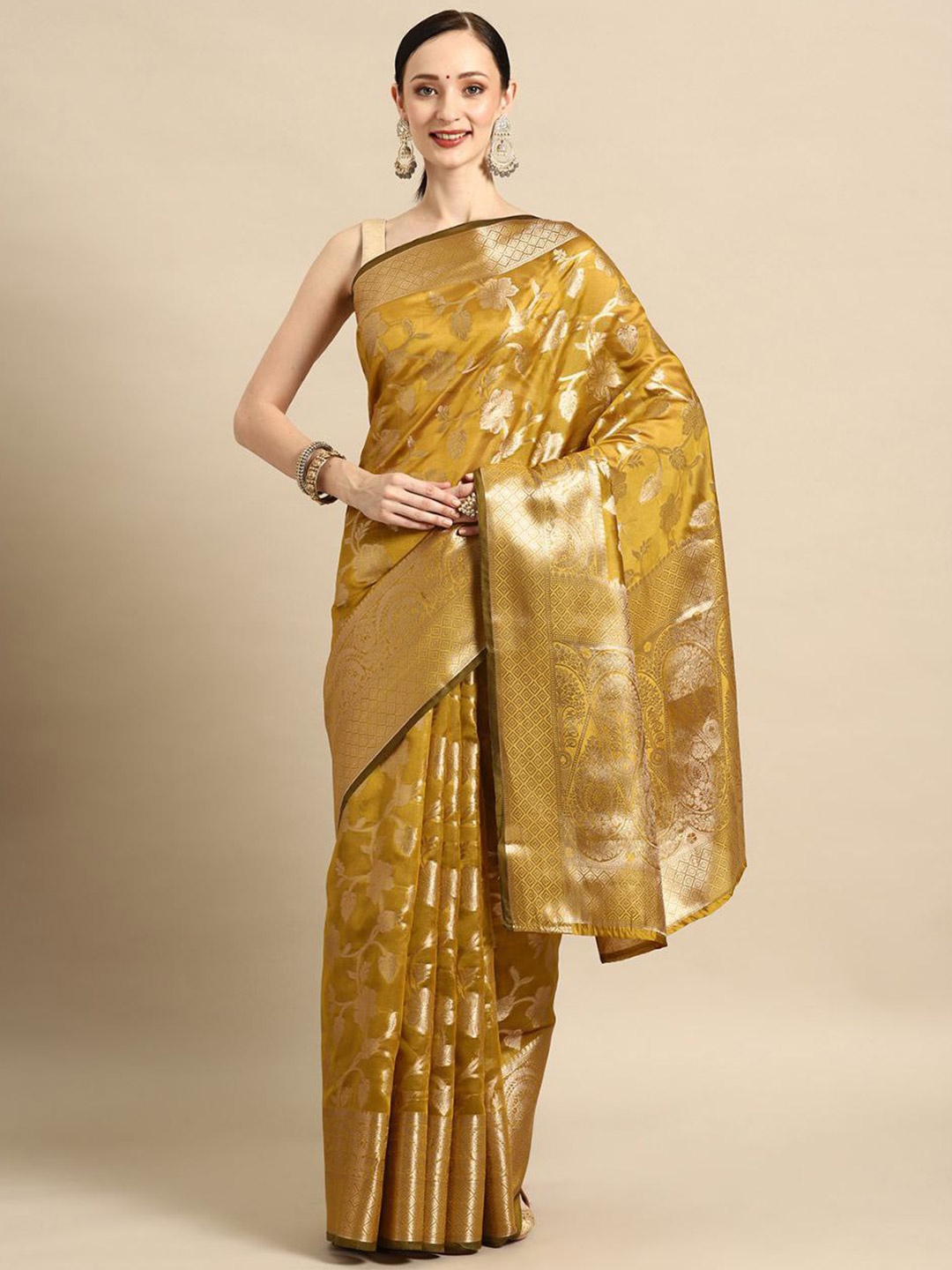 

SHIJILA Ethnic Motif Woven Design Zari Organza Kanjeevaram Saree, Olive