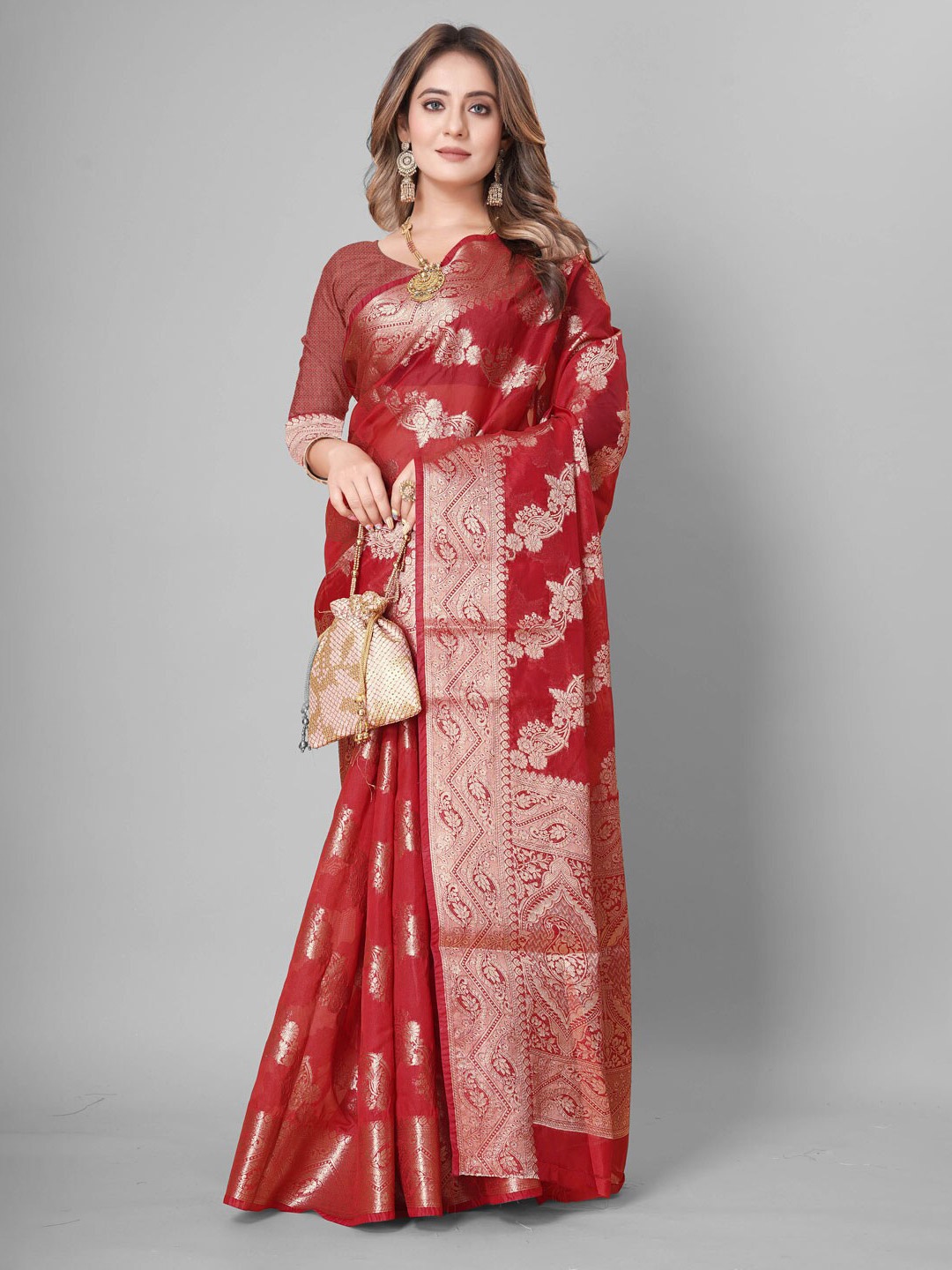 

SHIJILA Woven Design Zari Organza Kanjeevaram Saree, Red