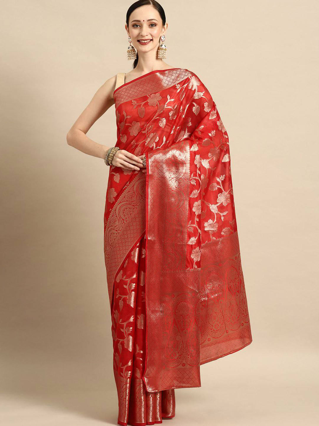 

SHIJILA Woven Design Zari Organza Kanjeevaram Saree, Red