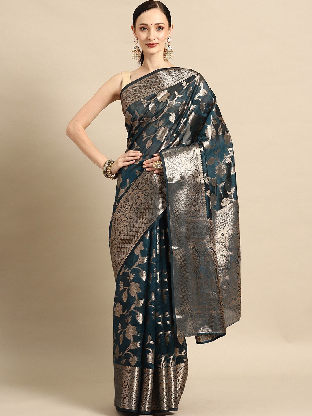 

SHIJILA Woven Design Zari Organza Kanjeevaram Saree, Teal