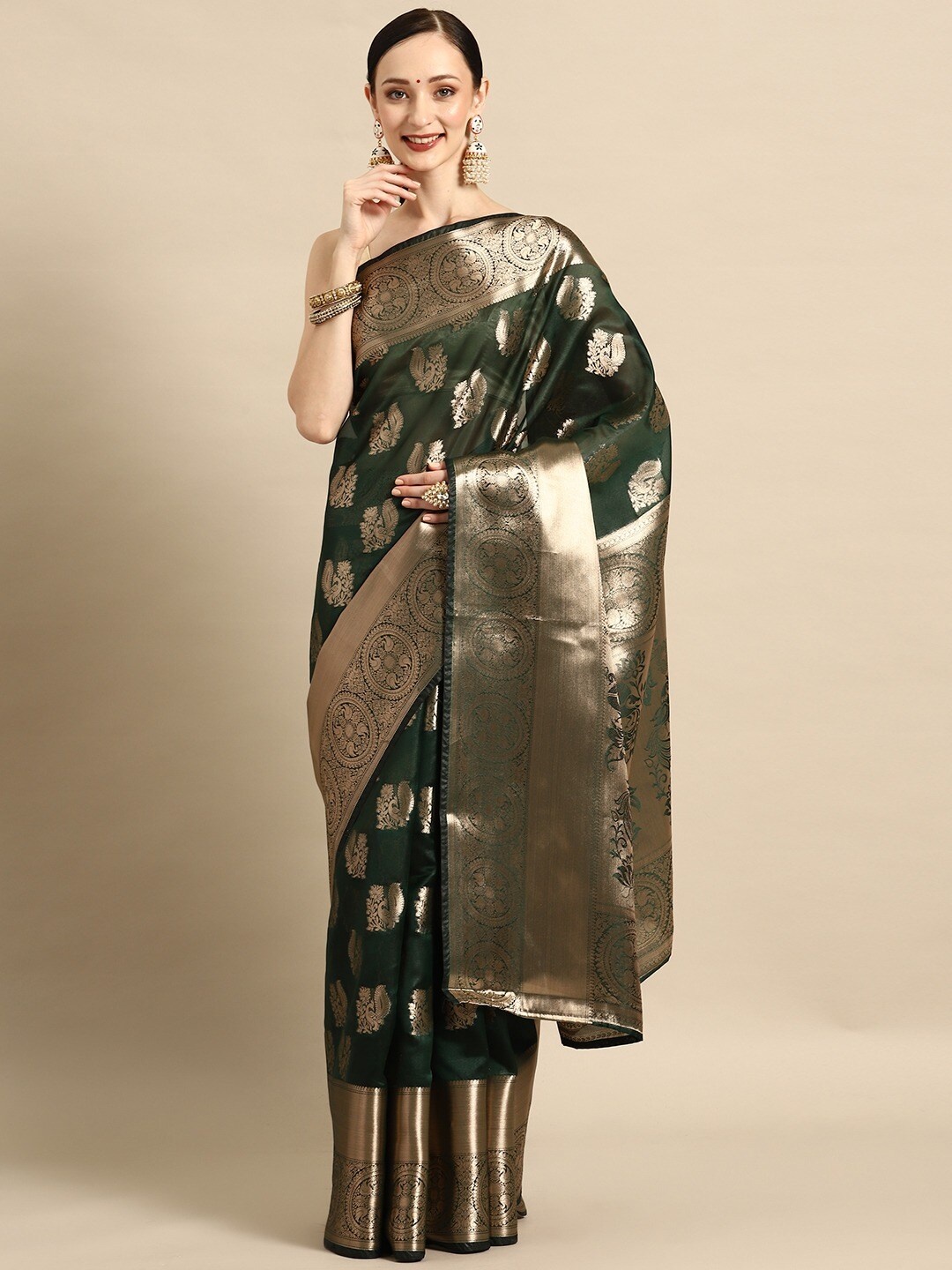 

SHIJILA Woven Design Zari Organza Kanjeevaram Saree, Green