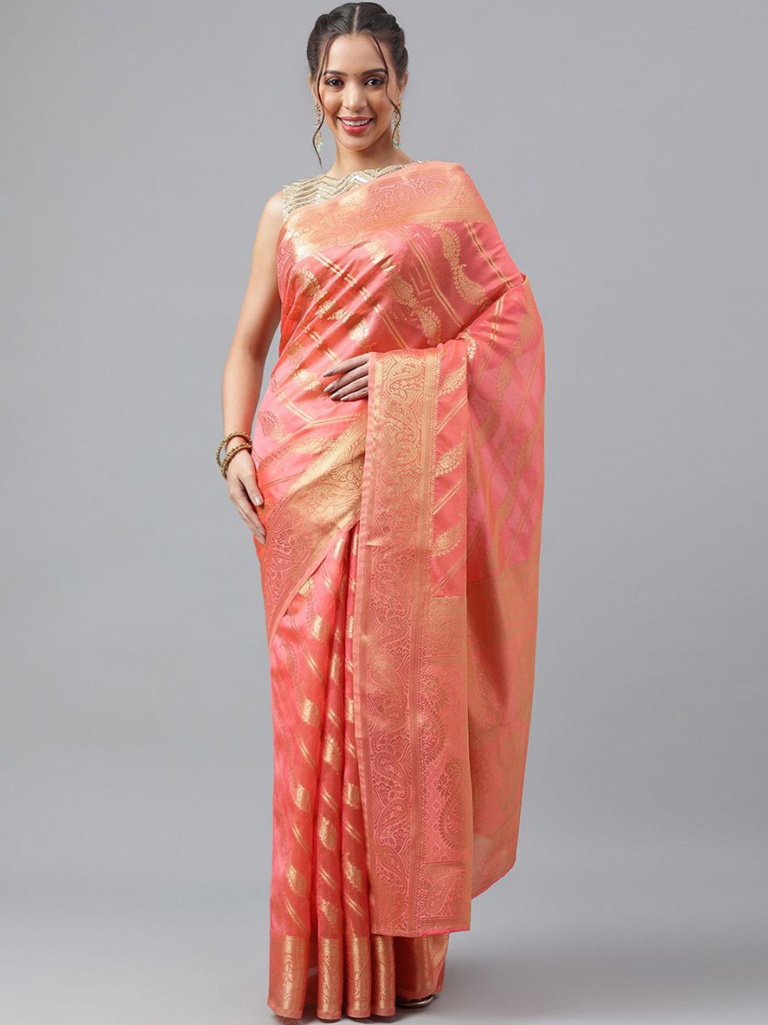 

SHIJILA Woven Design Zari Organza Kanjeevaram Saree, Peach