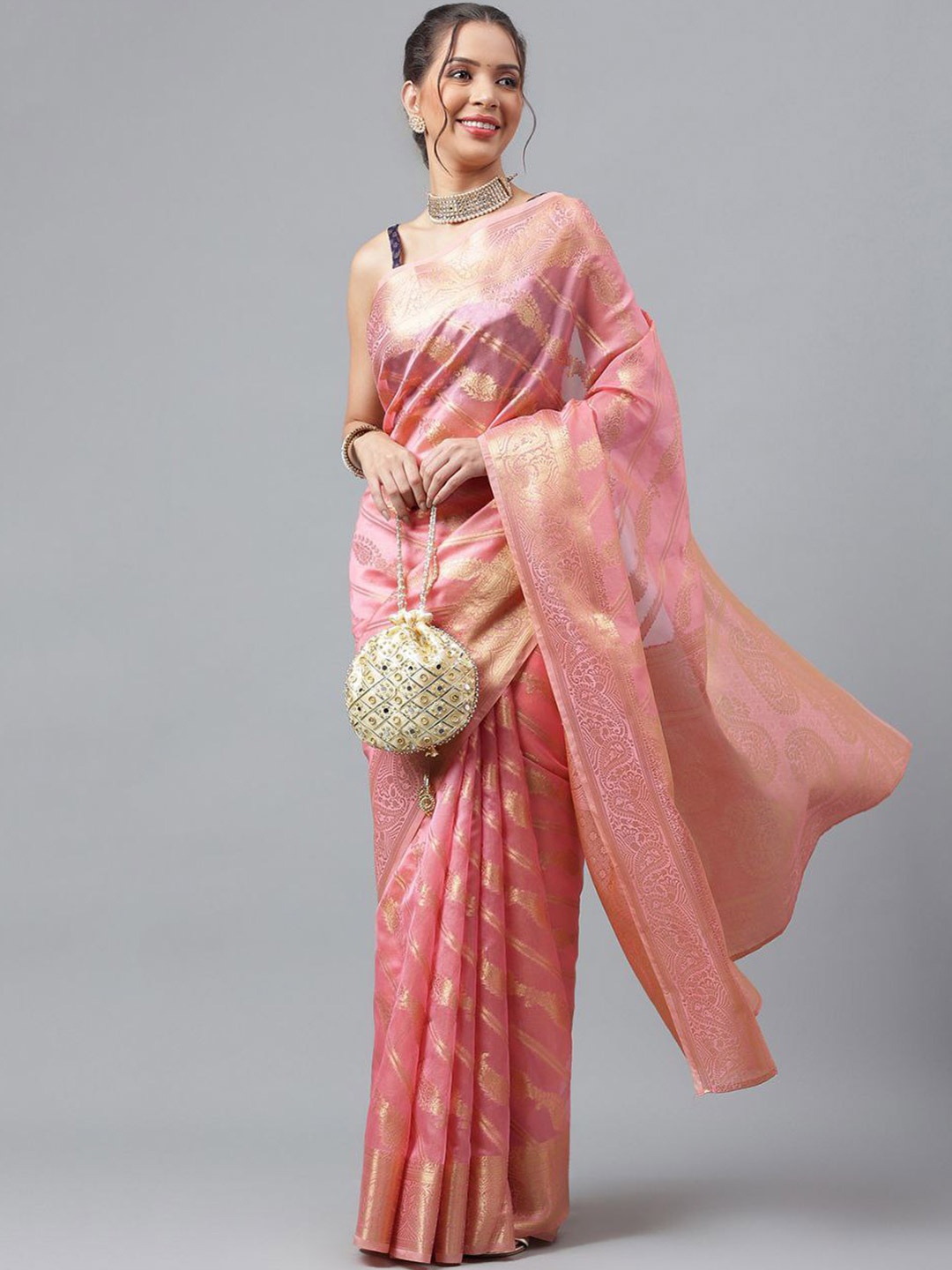 

SHIJILA Woven Design Zari Organza Kanjeevaram Saree, Pink