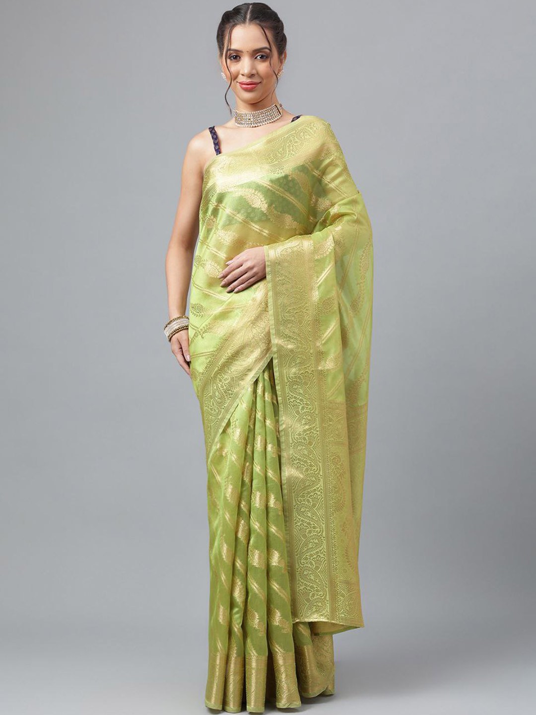 

SHIJILA Lime Ethnic Motifs Woven Design Zari Detail Organza Kanjeevaram Saree, Lime green