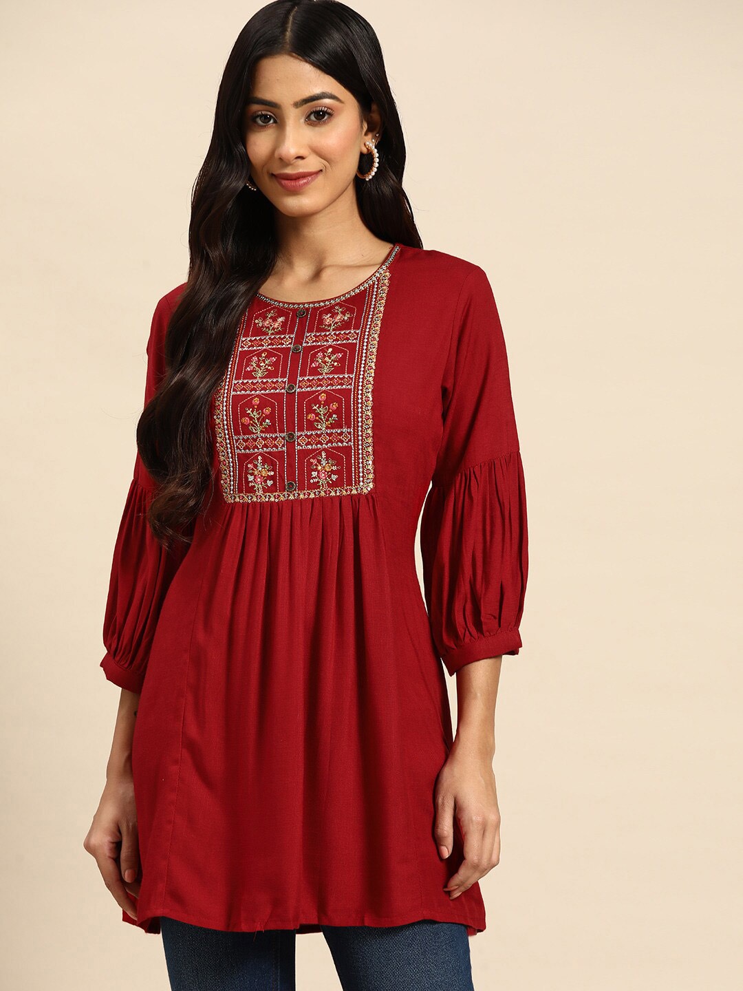 

KALINI Floral Embroidered Gathered Tunics, Red