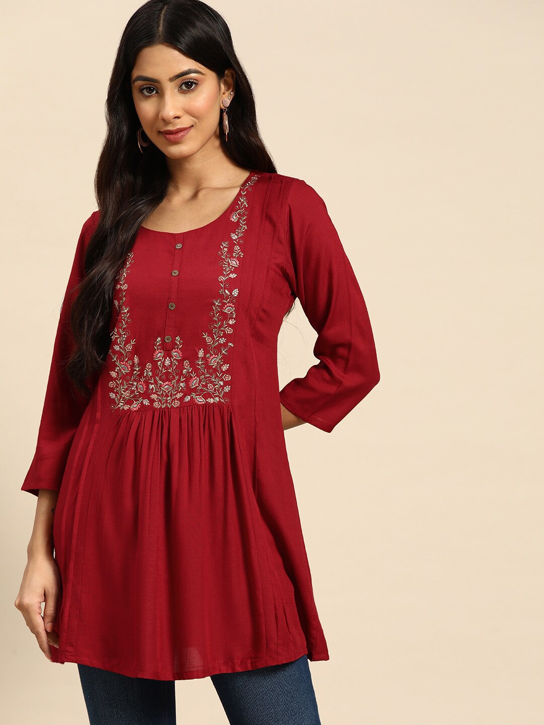 

KALINI Floral Embroidered Gathered Tunics, Maroon
