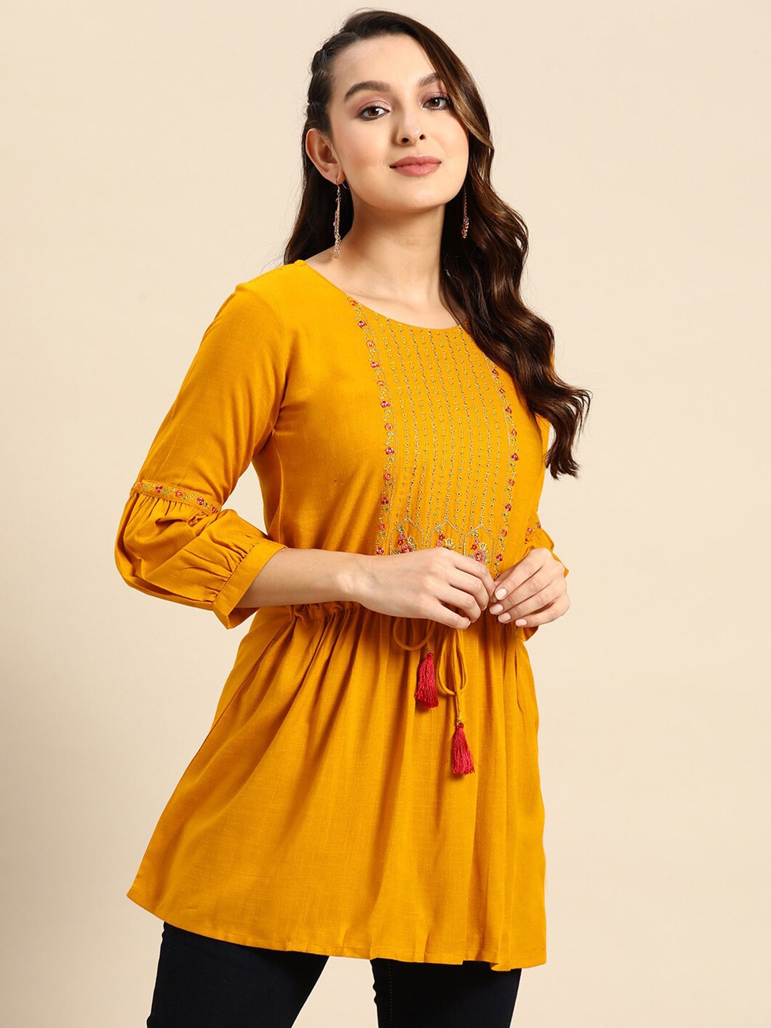 

KALINI Floral Embroidered Puff Sleeves Pleated Kurti, Mustard