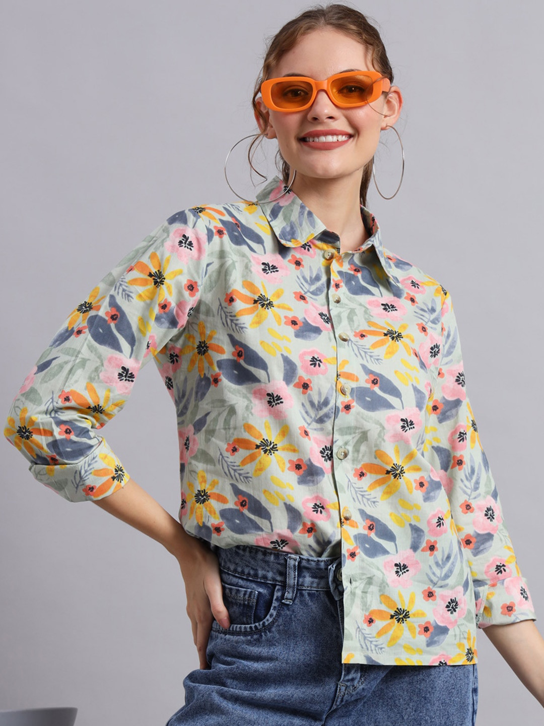 

DECKEDUP Floral Printed Cotton Shirt Style Top, Grey