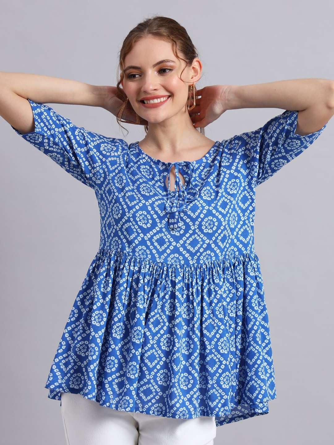 

DECKEDUP Ethnic Motifs Printed Tie-Up Neck A-Line Top, Blue