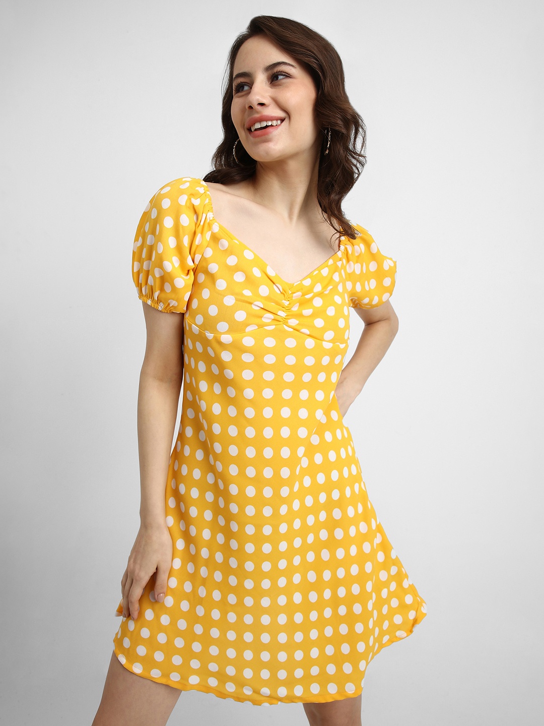 

FOREVER 21 Yellow Polka Dots Printed Puff Sleeves Smocked A-Line Mini Dress