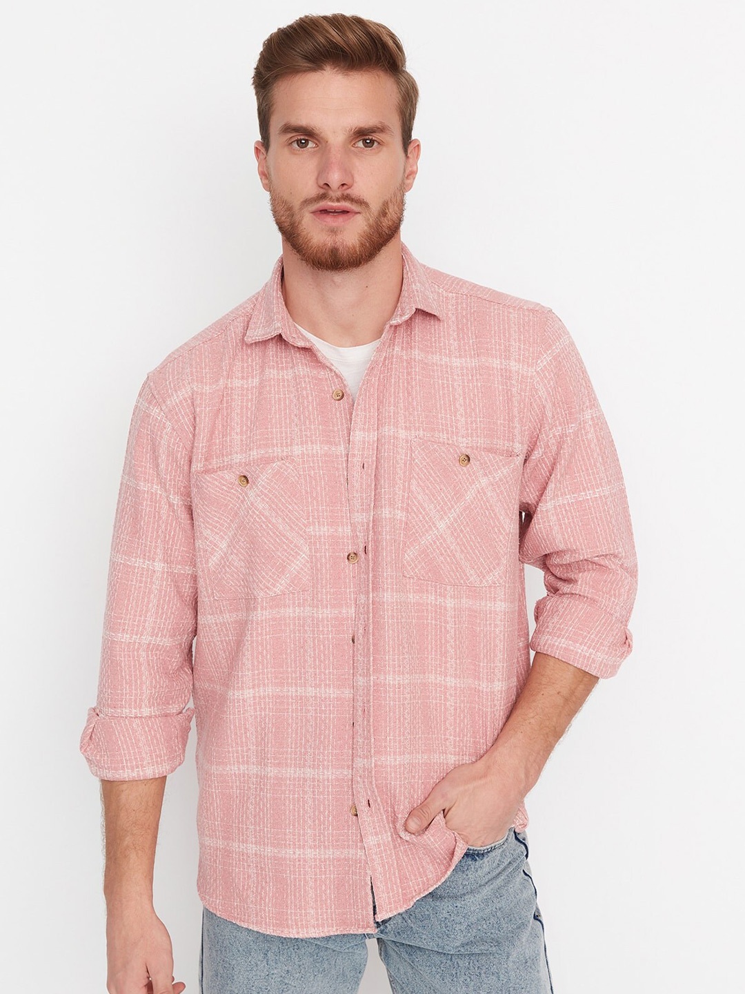 

Trendyol Windowpane Checks Opaque Checked Casual Shacket, Pink