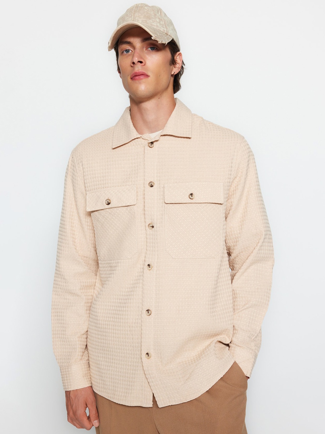 

Trendyol Textured Flap Pocket Spread Collar Casual Shirt, Beige