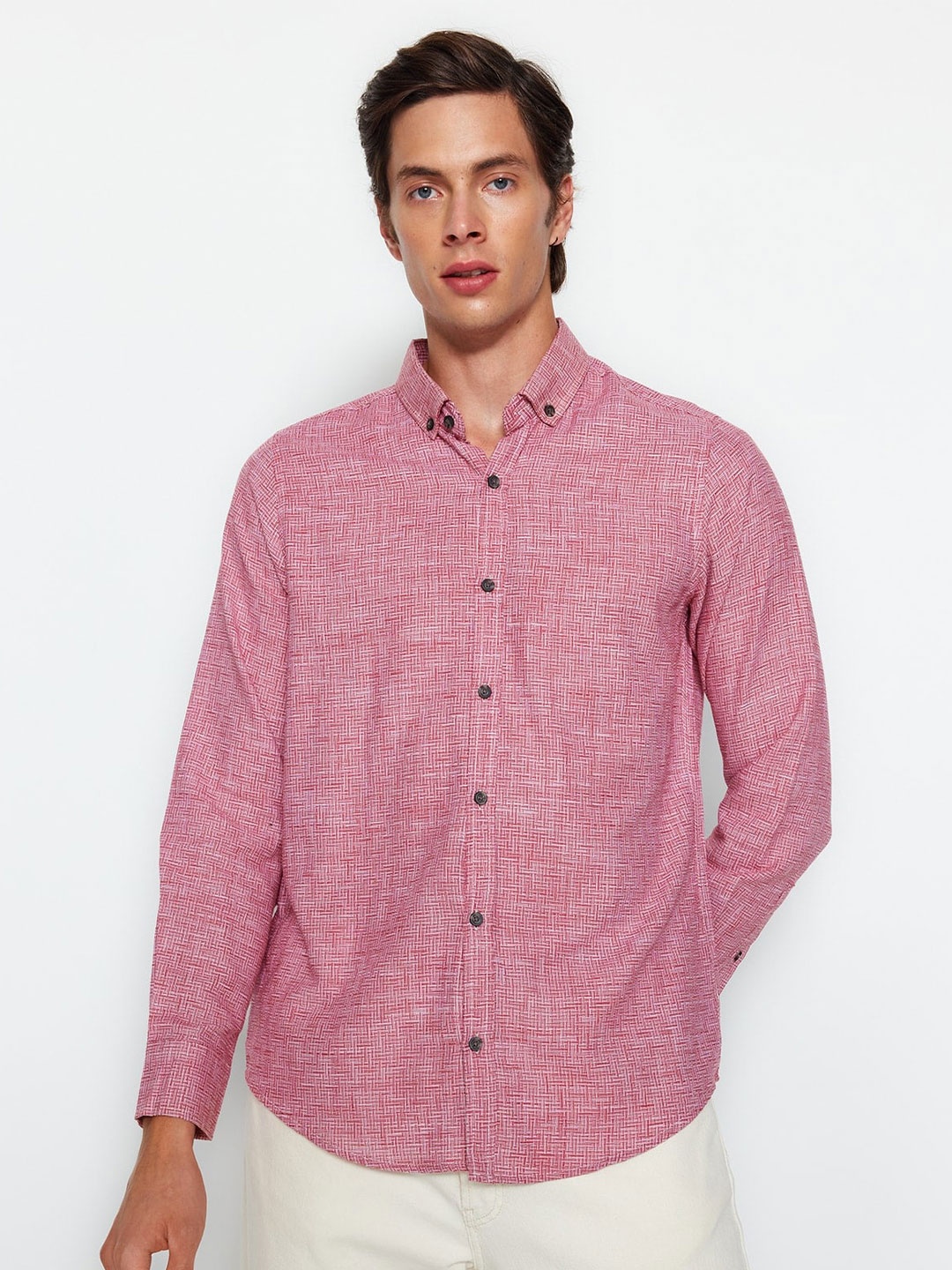 

Trendyol Micro Checked Button-Down Collar Pure Cotton Casual Shirt, Red