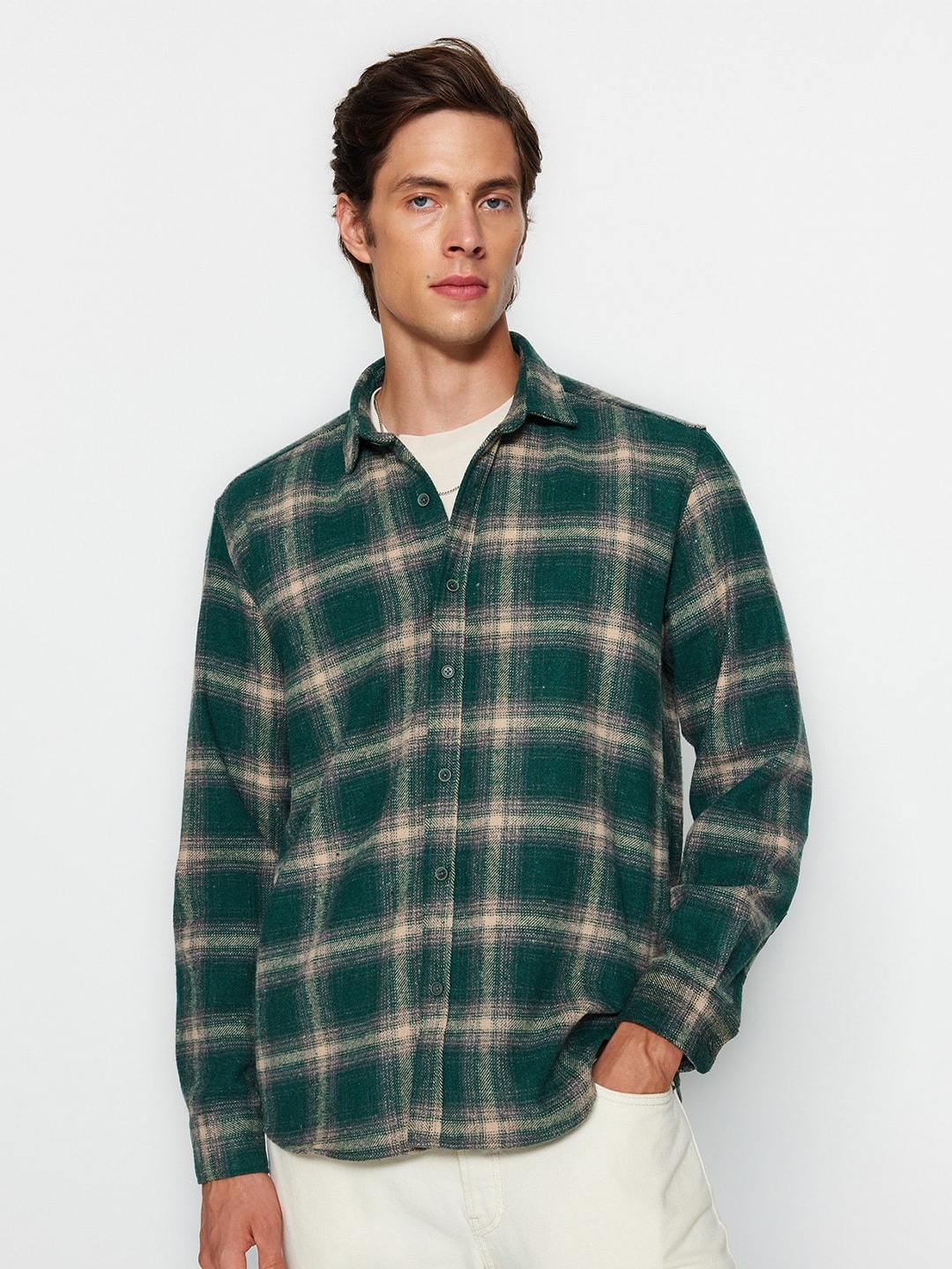 

Trendyol Tartan Checked Spread Collar Casual Shirt, Green