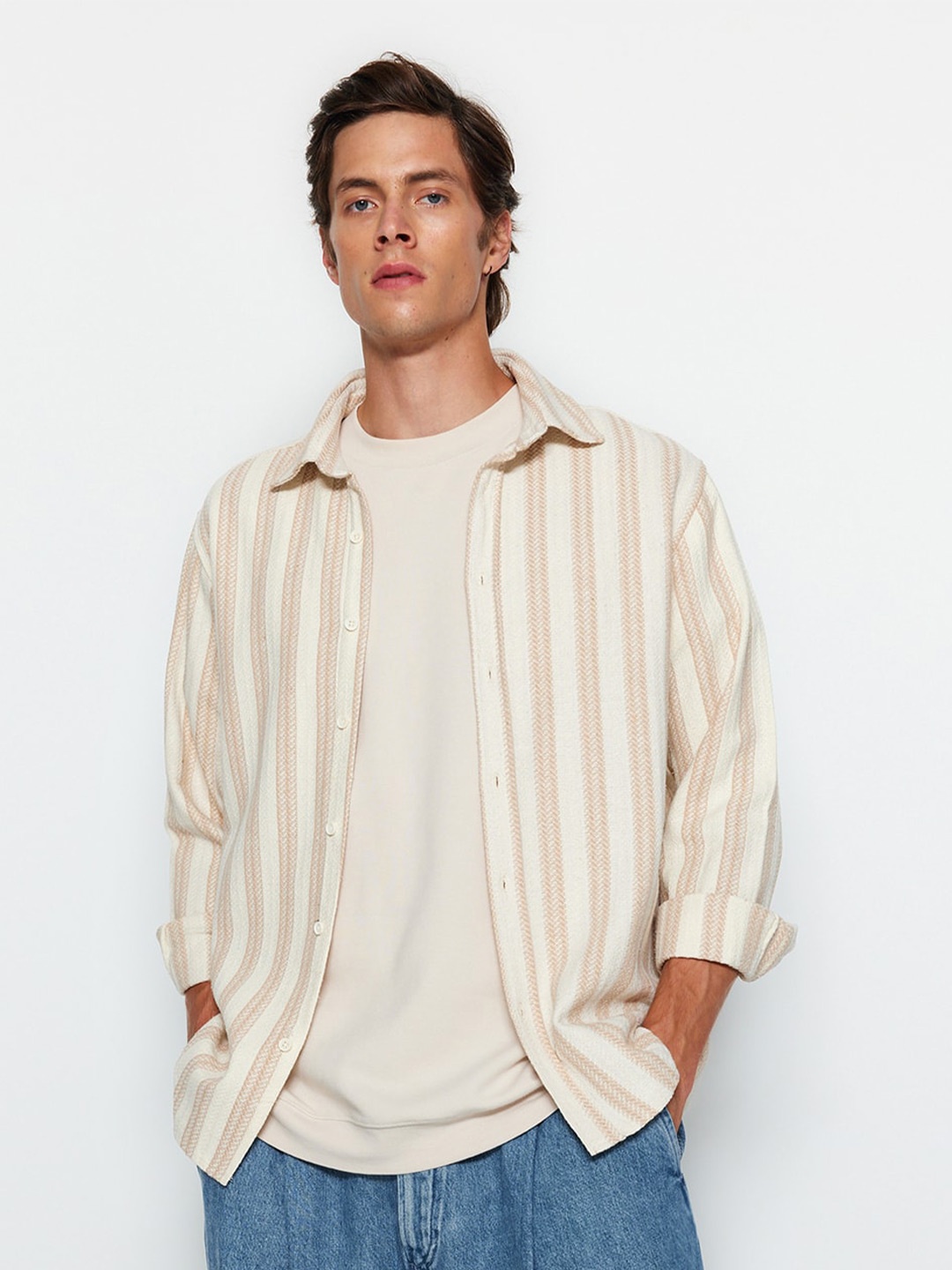 

Trendyol Vertical Striped Opaque Casual Shirt, Beige