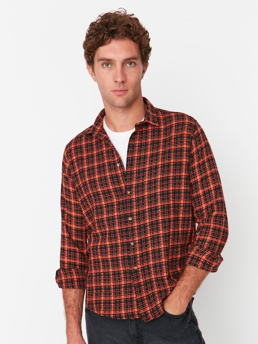 

Trendyol Checked Spread Collar Casual Shirt, Orange
