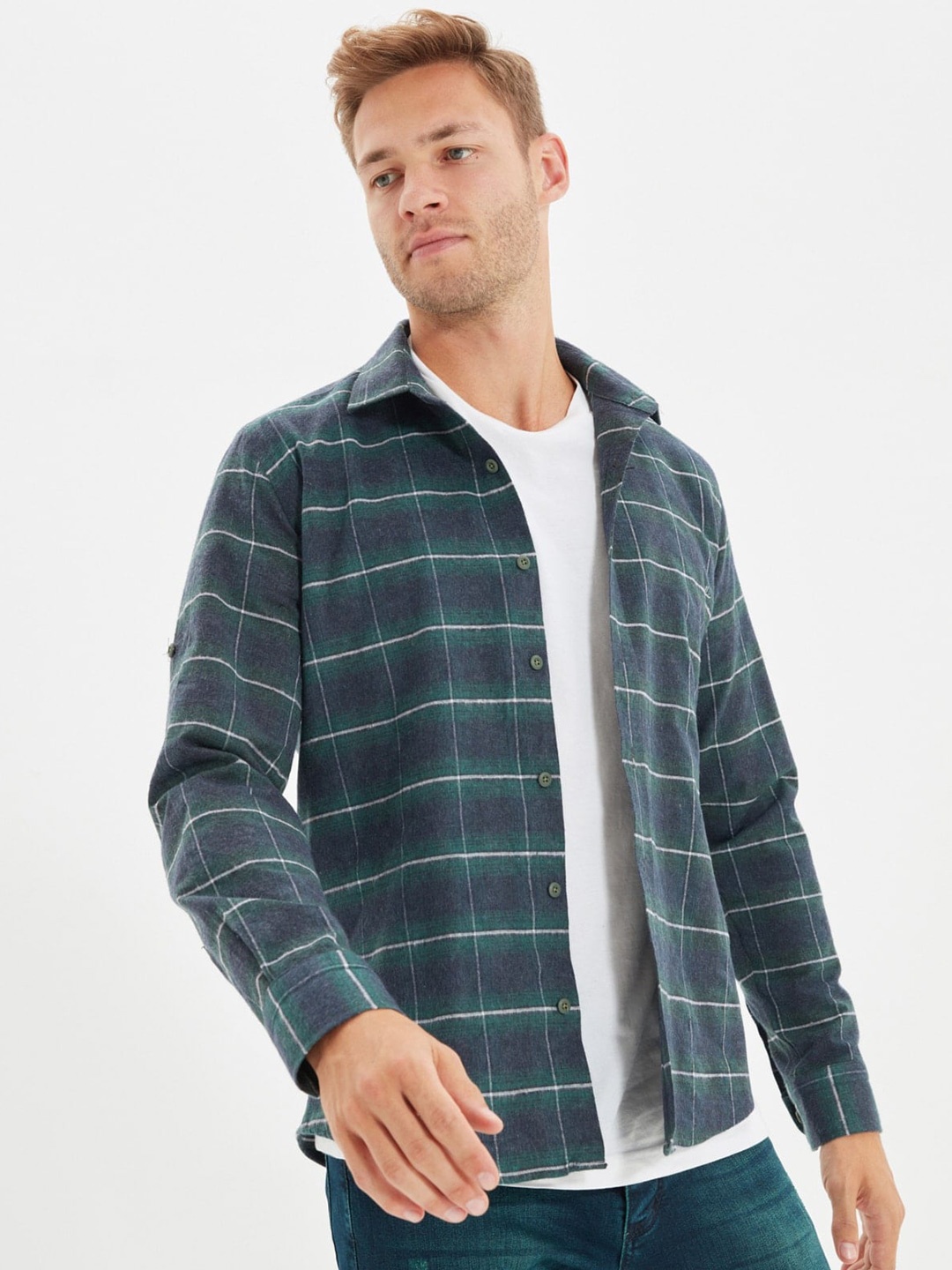 

Trendyol Windowpane Checks Spread Collar Shacket, Green