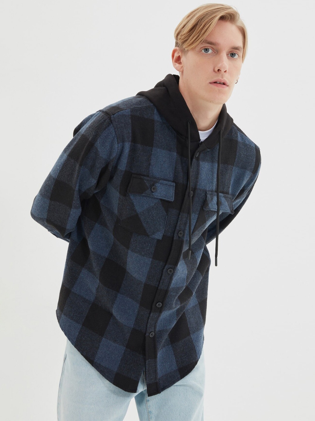 

Trendyol Tartan Checked Hoded Shacket, Navy blue