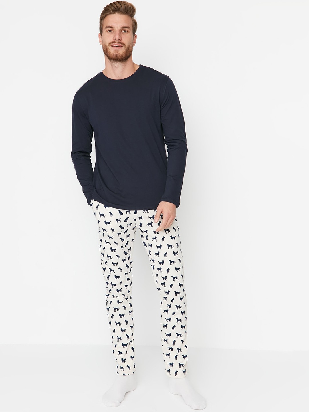 

Trendyol Graphic Printed Pure Cotton Night suit, Navy blue